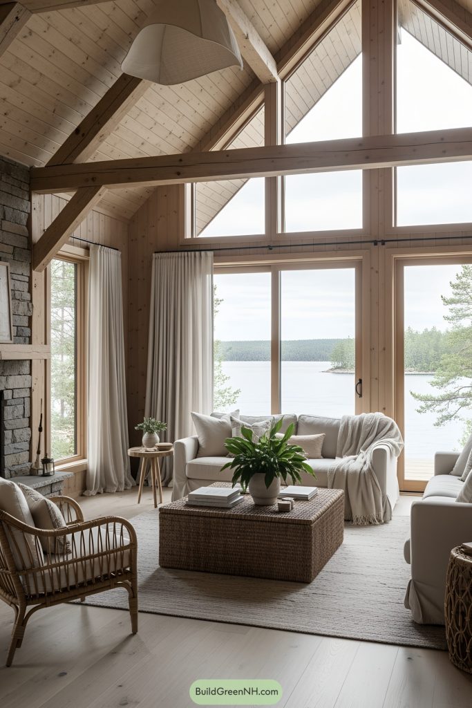 Living room with a rustic contemporary cabin aesthetic featuring a soft neutral color palette of beige cream and natural wood tones. Exposed