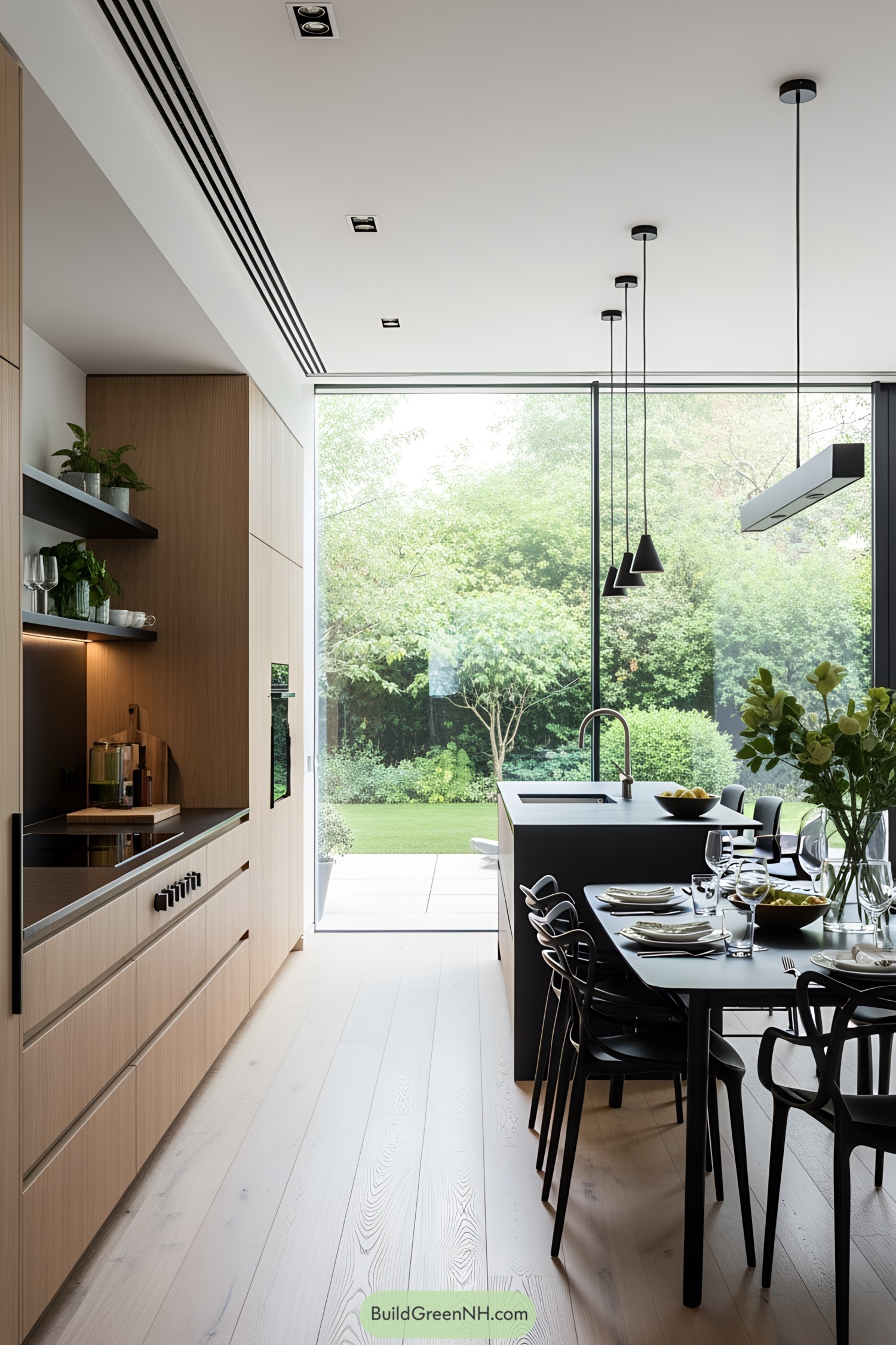 Modern kitchen featuring a large window overlooking a lush garden