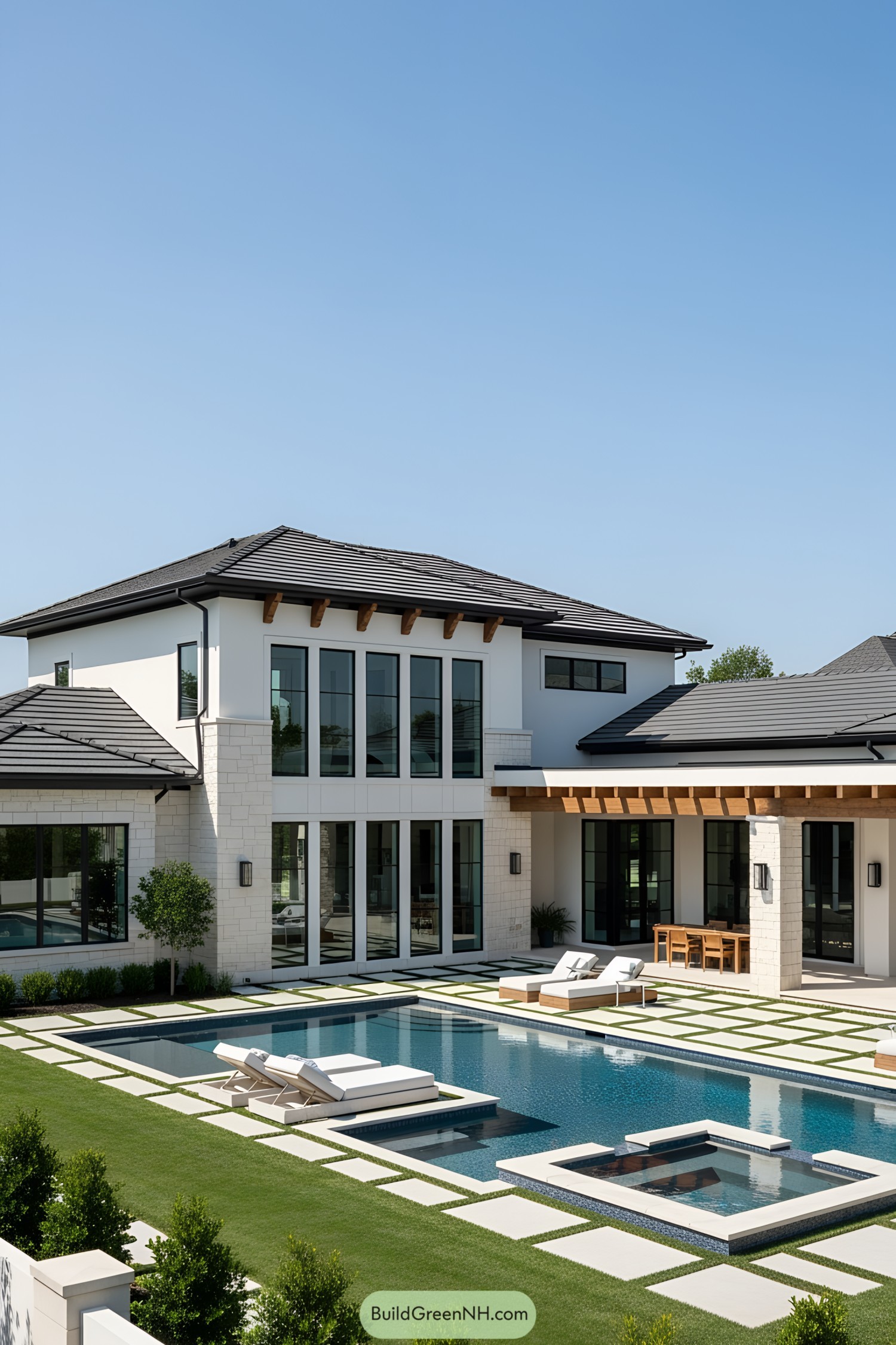 Luxurious home exterior with poolside elegance