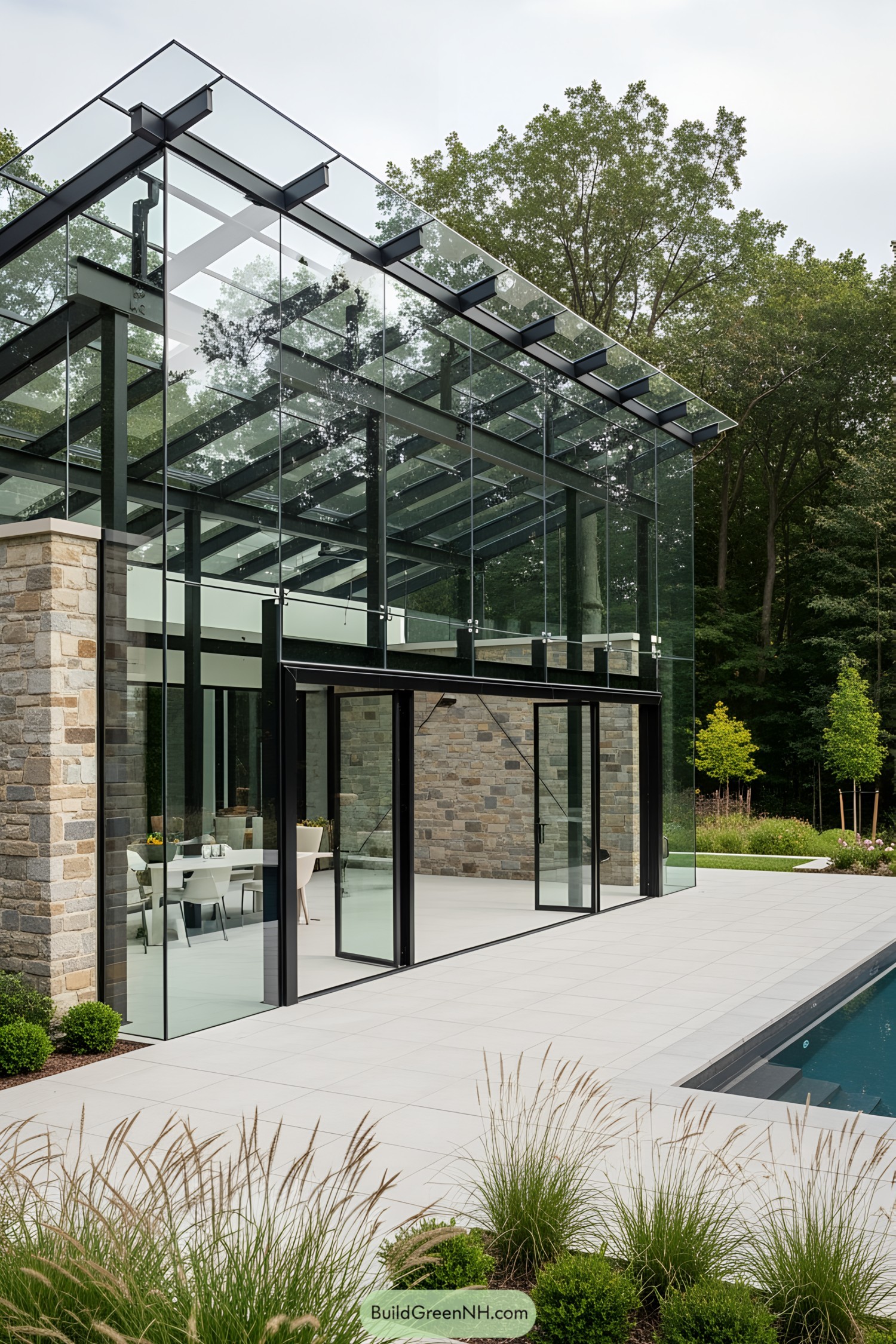 Spacious and modern glass terrace overlooking a pool