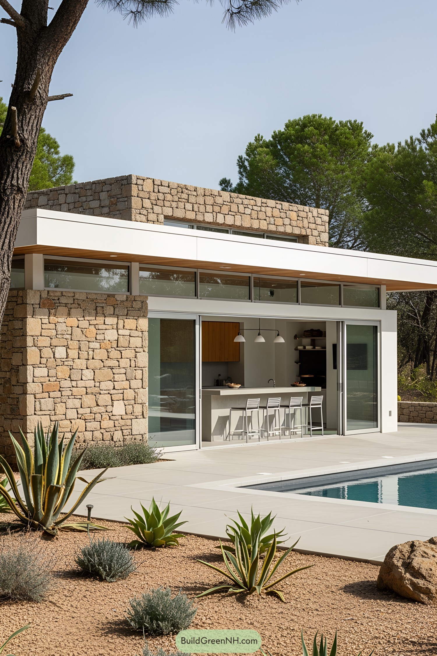 Modern pool house with stone walls and floor-to-ceiling windows