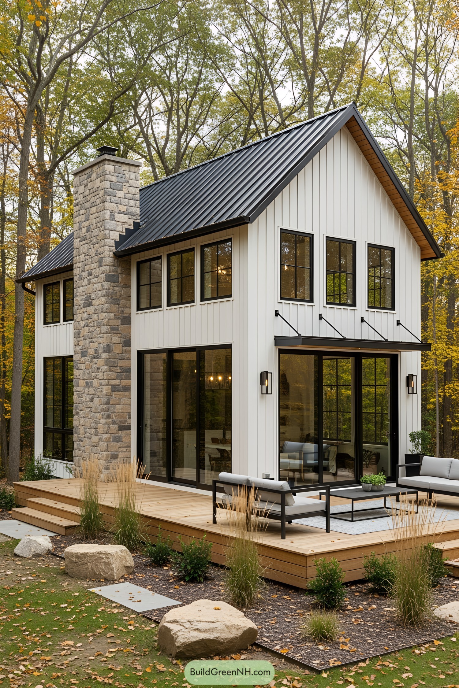 Modern rustic house with large windows and a stone chimney