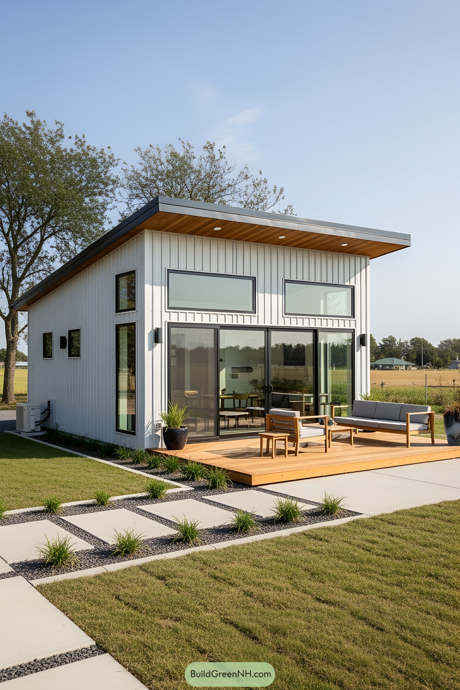 Small modern house with large windows and patio