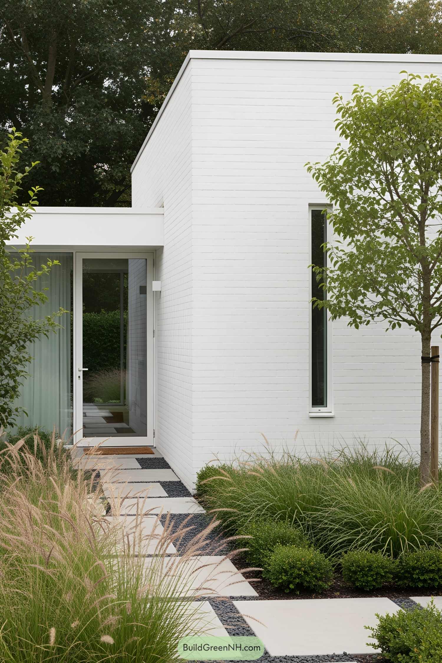 Modern white bungalow entrance with lush greenery