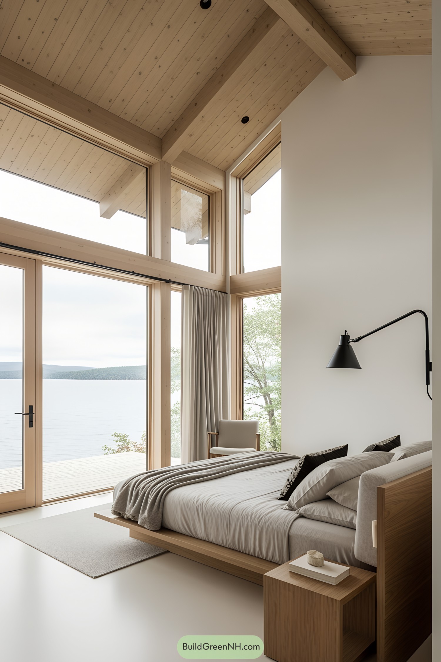 Minimalist bedroom with large windows overlooking a lake