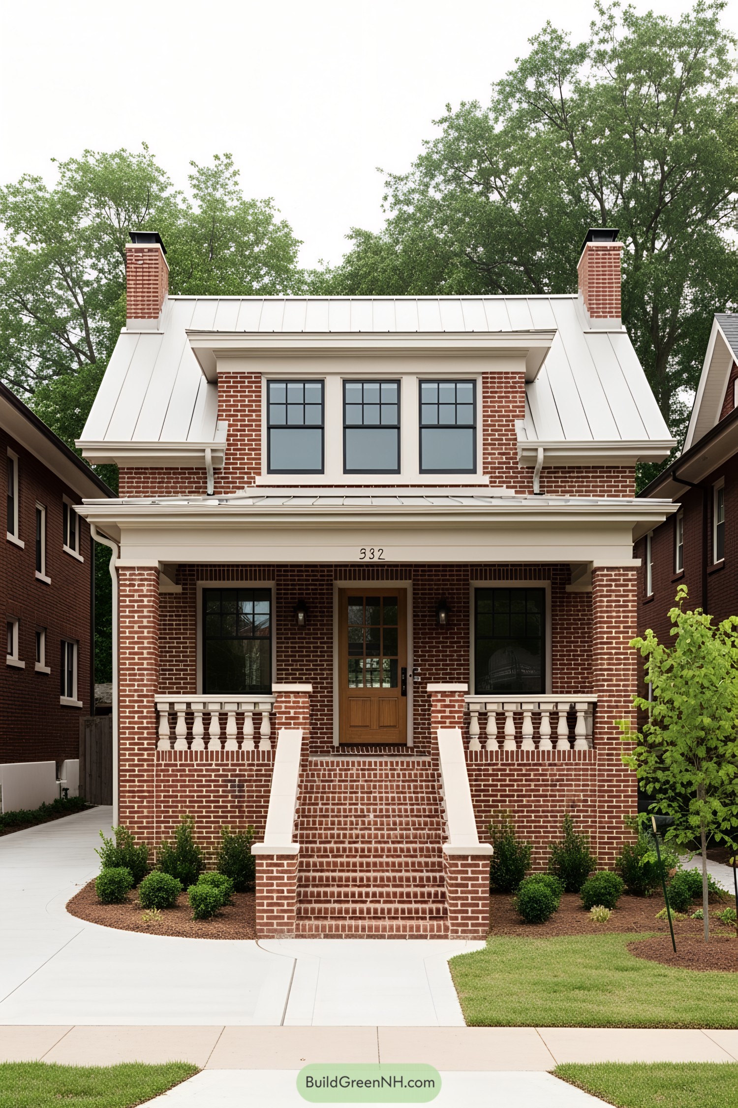 Classic brick bungalow with front steps and lush greenery