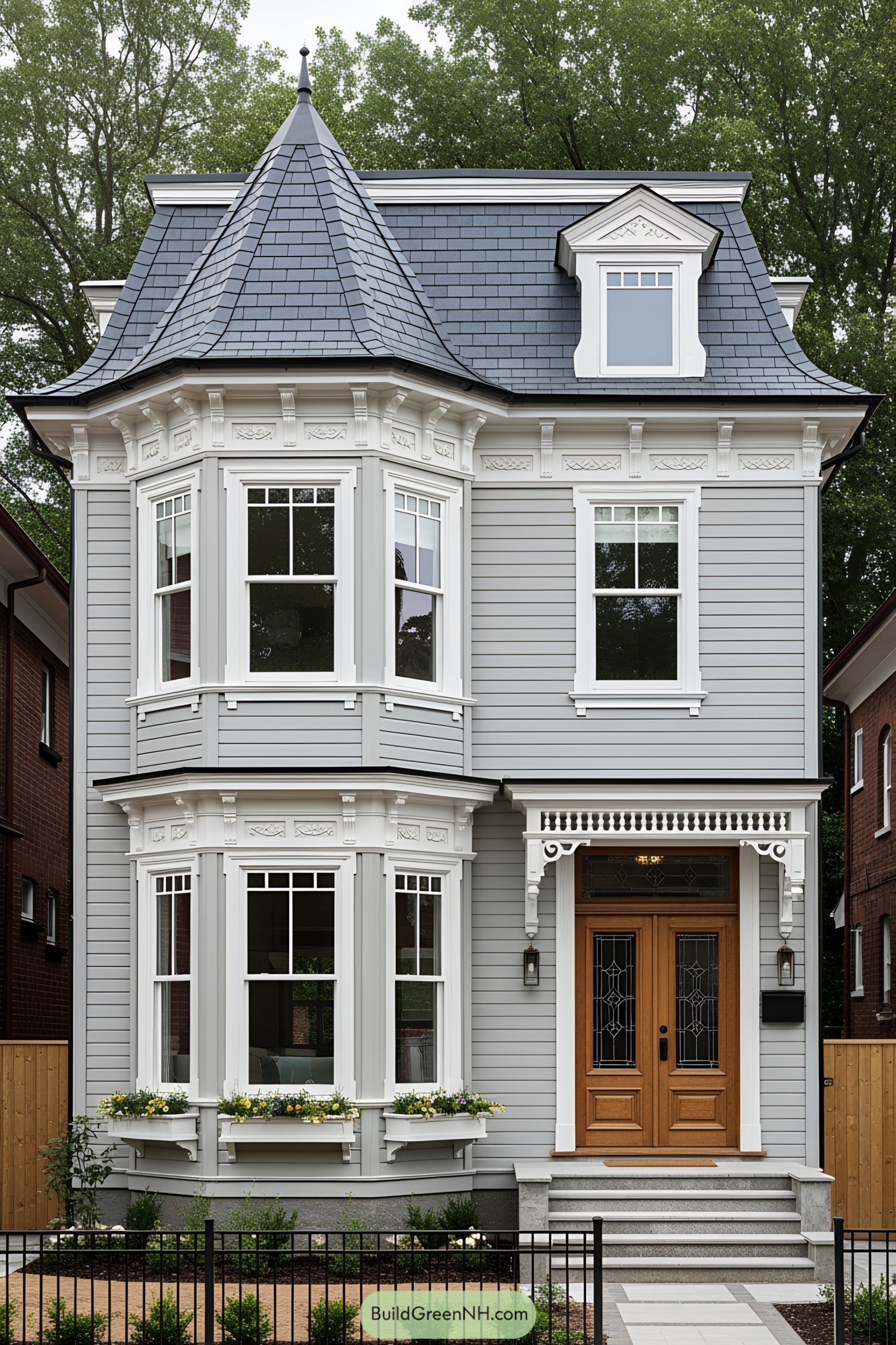 Small Victorian house with a turret and ornate details