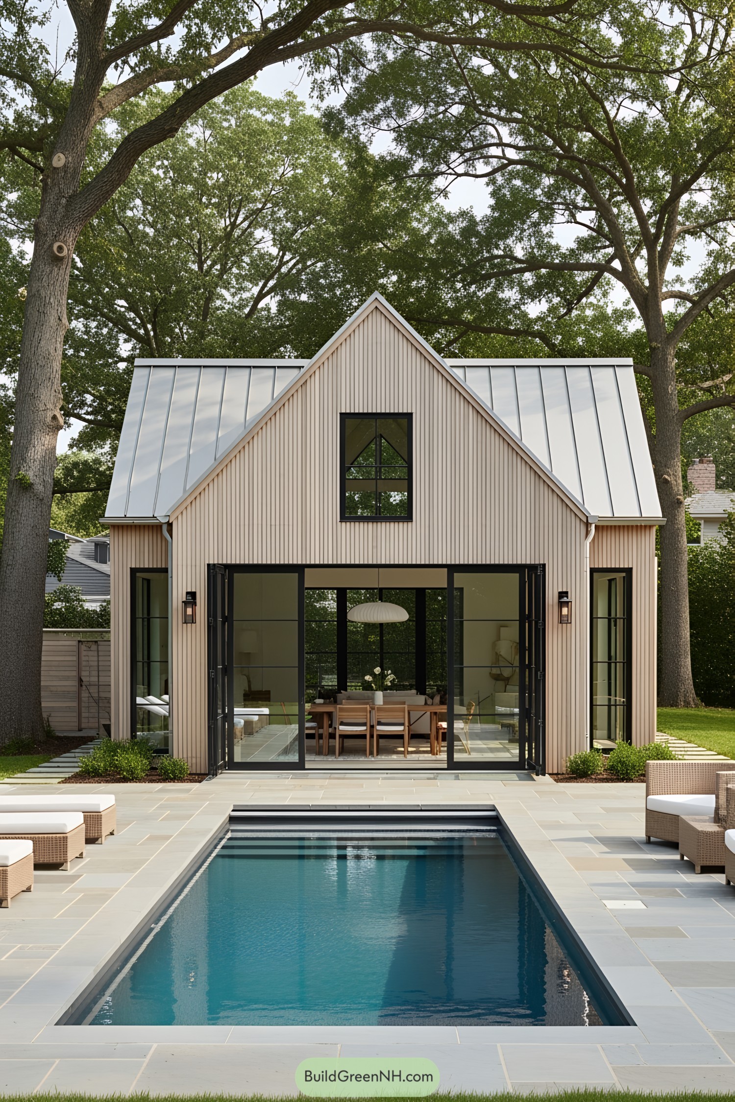 Modern barn-style pool house with glass doors and a serene pool