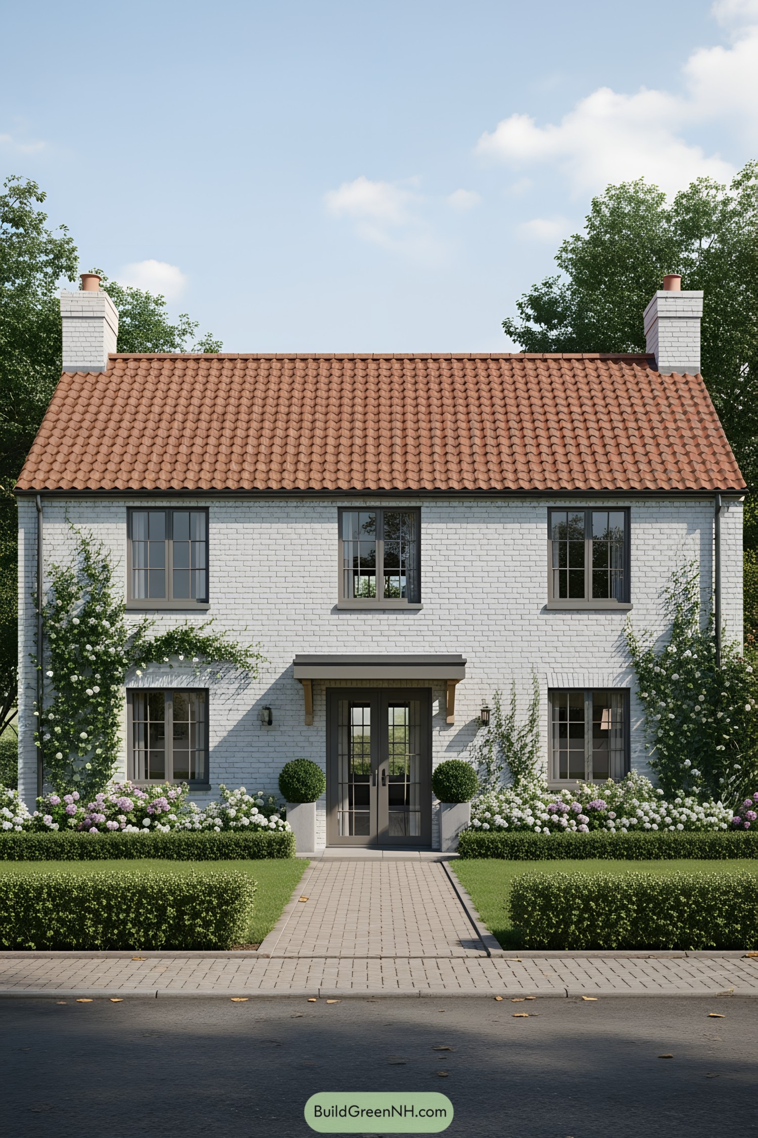 Brick farmhouse with lush greenery and red-tiled roof