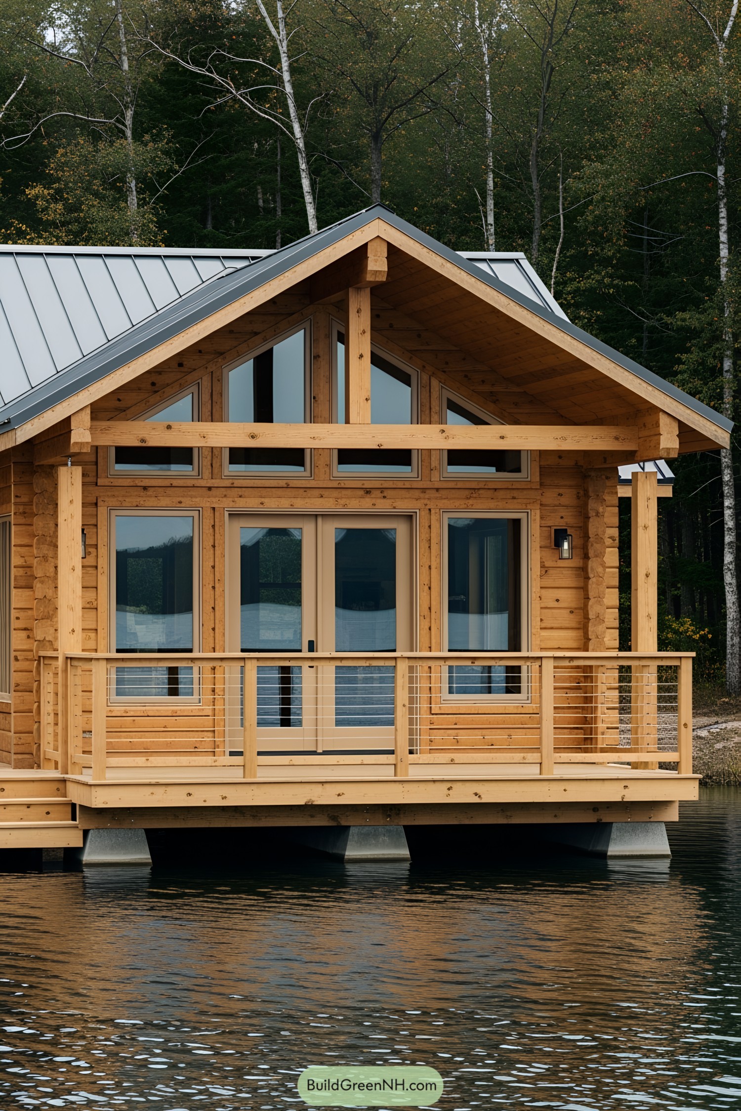A wooden floating cottage with large windows and a metal roof