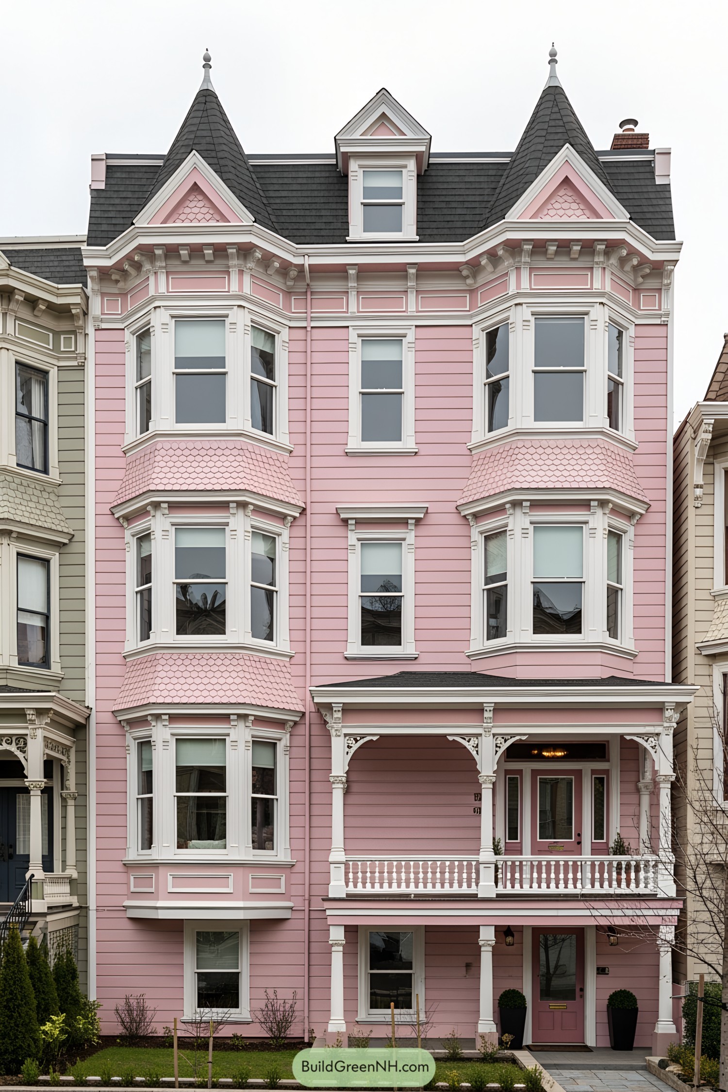Charming pink Victorian house with white trim and ornate details