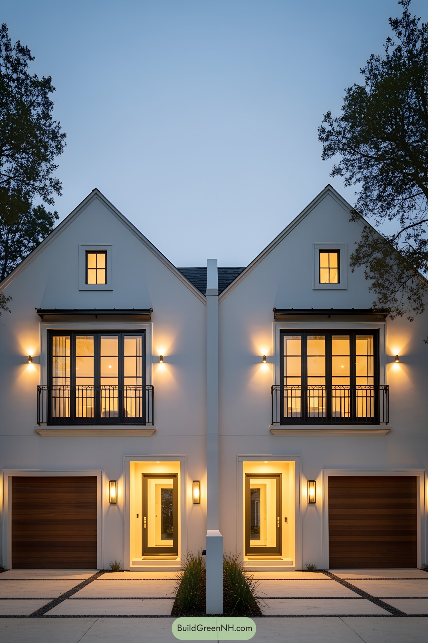 Illuminated modern duplex facade with gable roofs