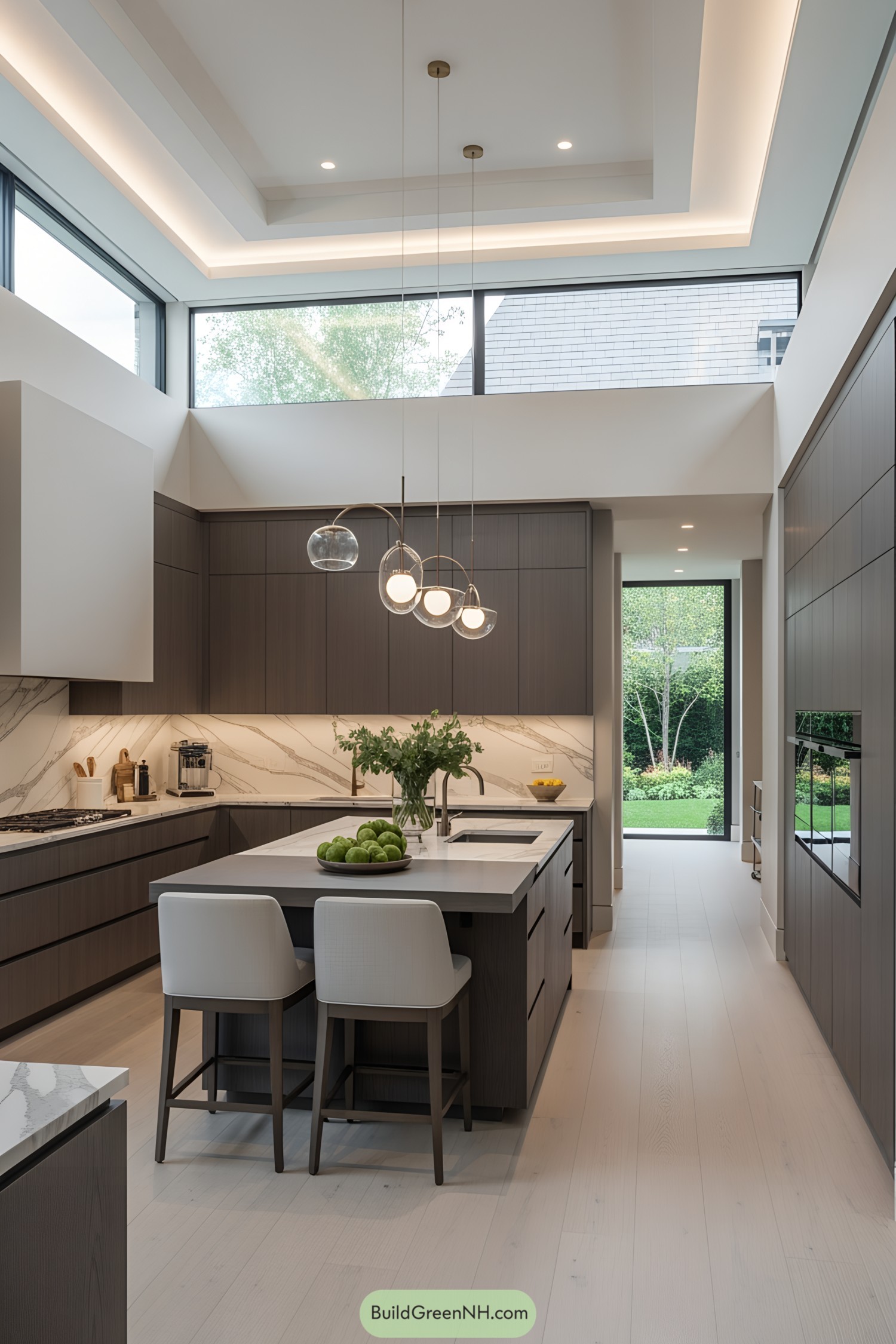 Contemporary kitchen with high ceilings and garden views