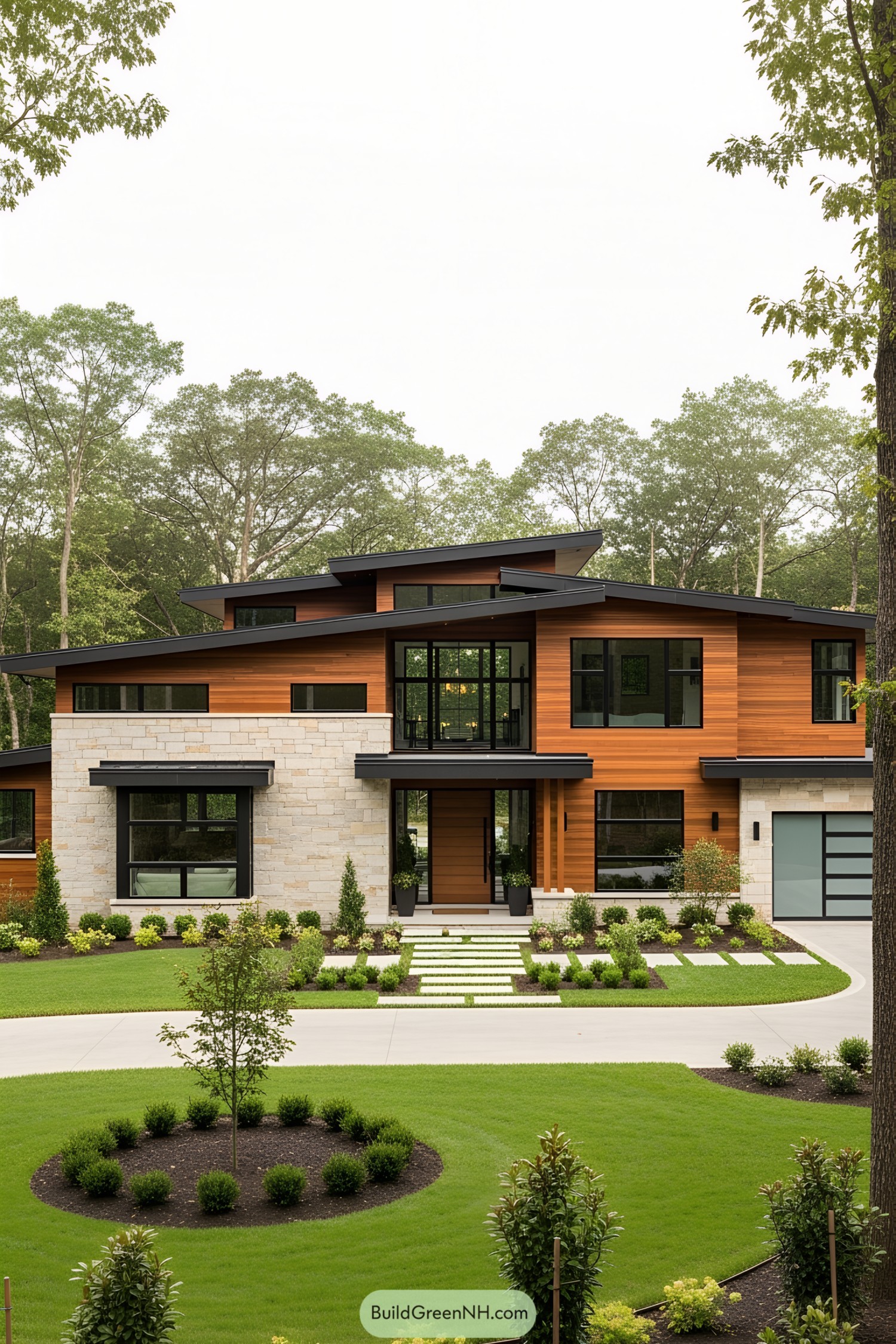 A modern home with wood and stone elements surrounded by lush greenery