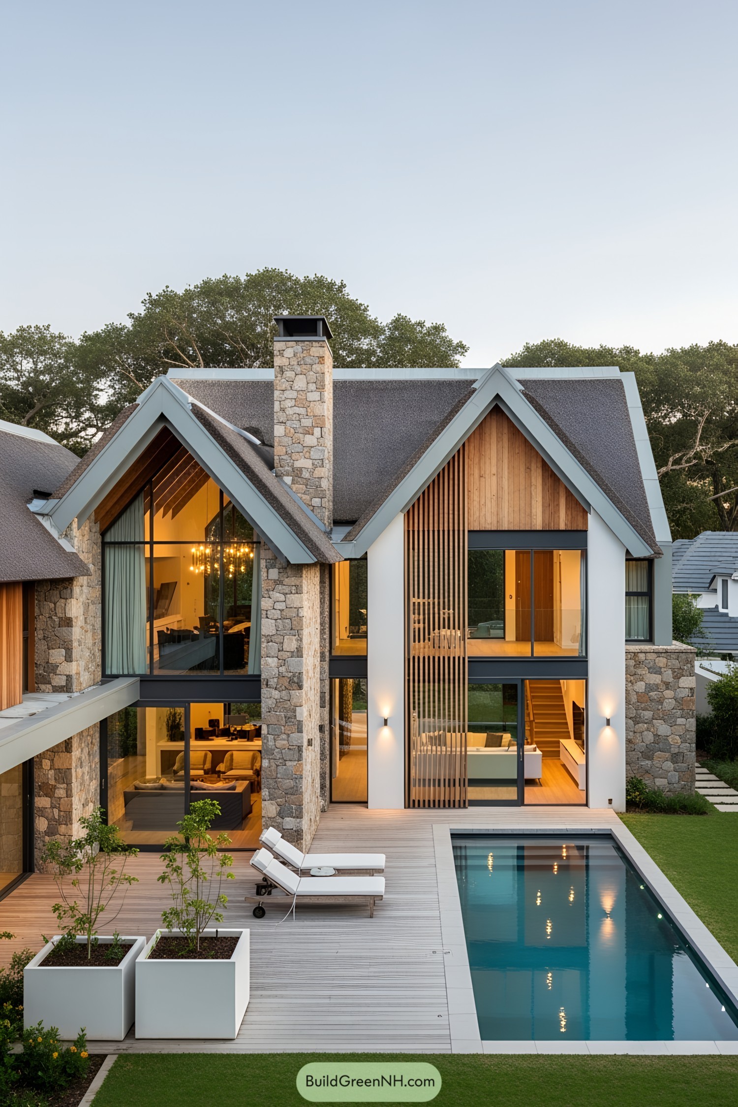 Modern villa with stone accents and a pool