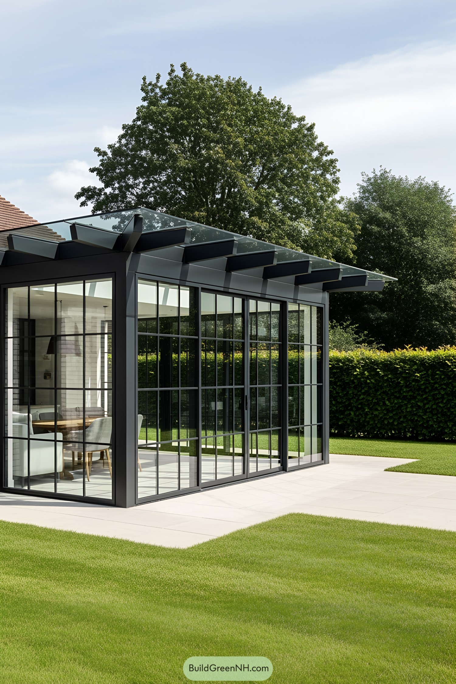 Glass-walled extension with lush garden view