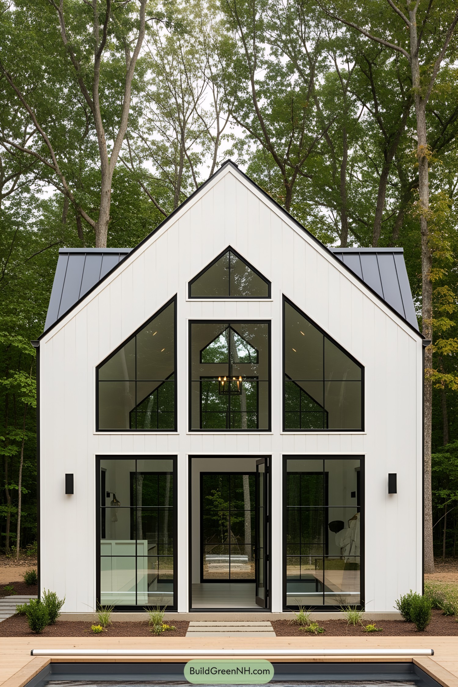 Modern pool house with large windows nestled in a forest setting