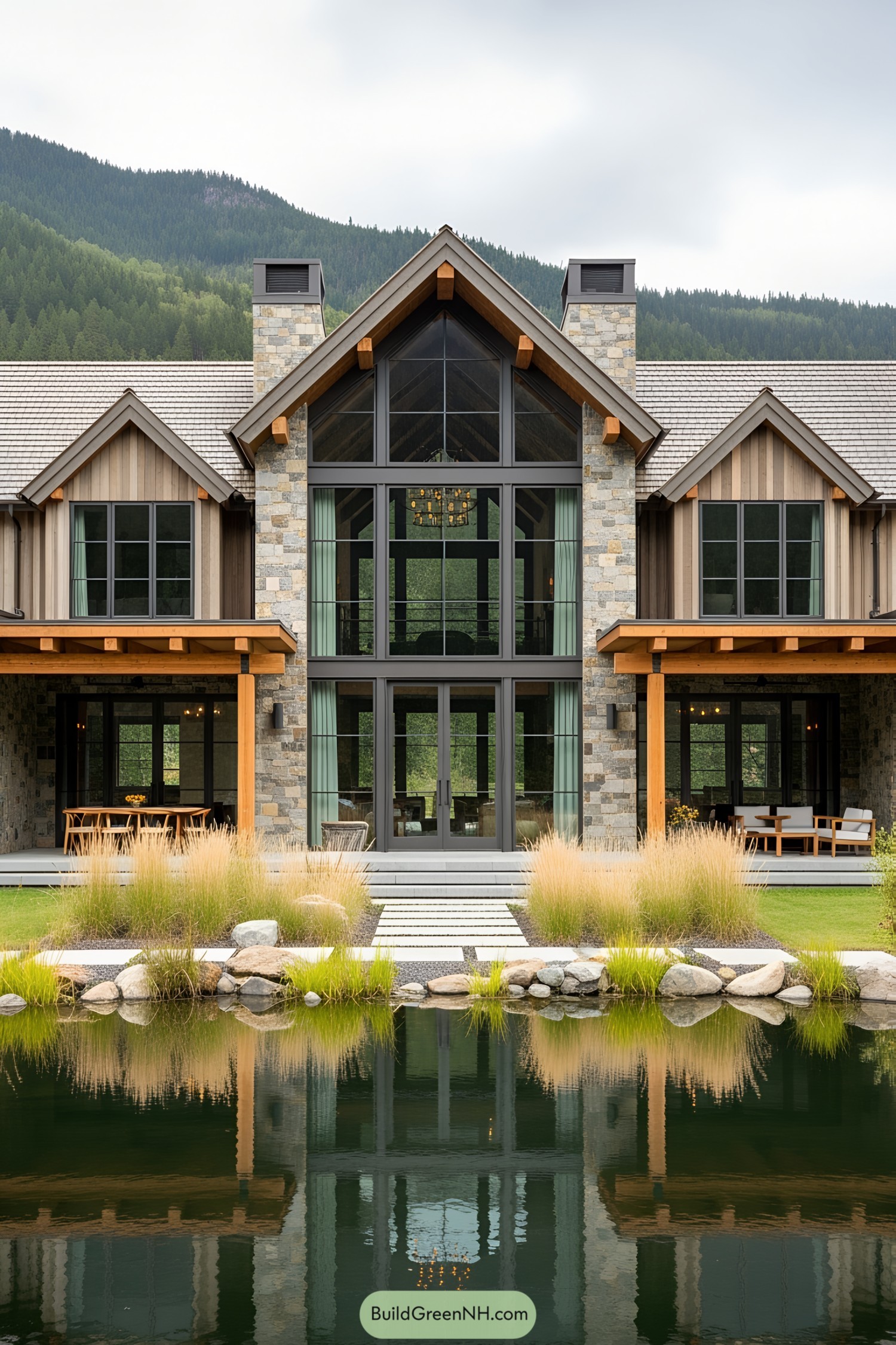 Modern rustic house by a serene pond with mountain views