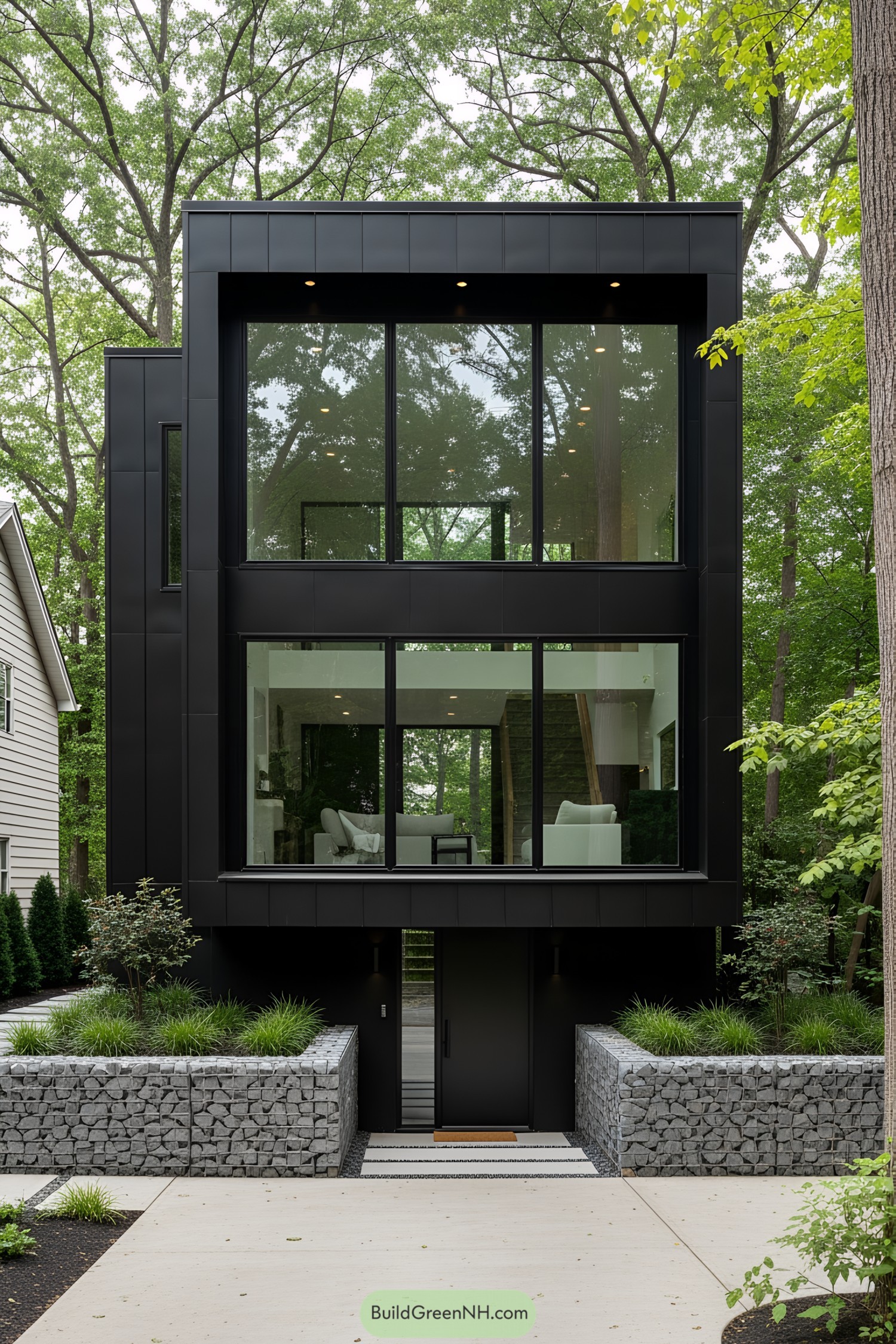 Modern black house with large windows surrounded by trees