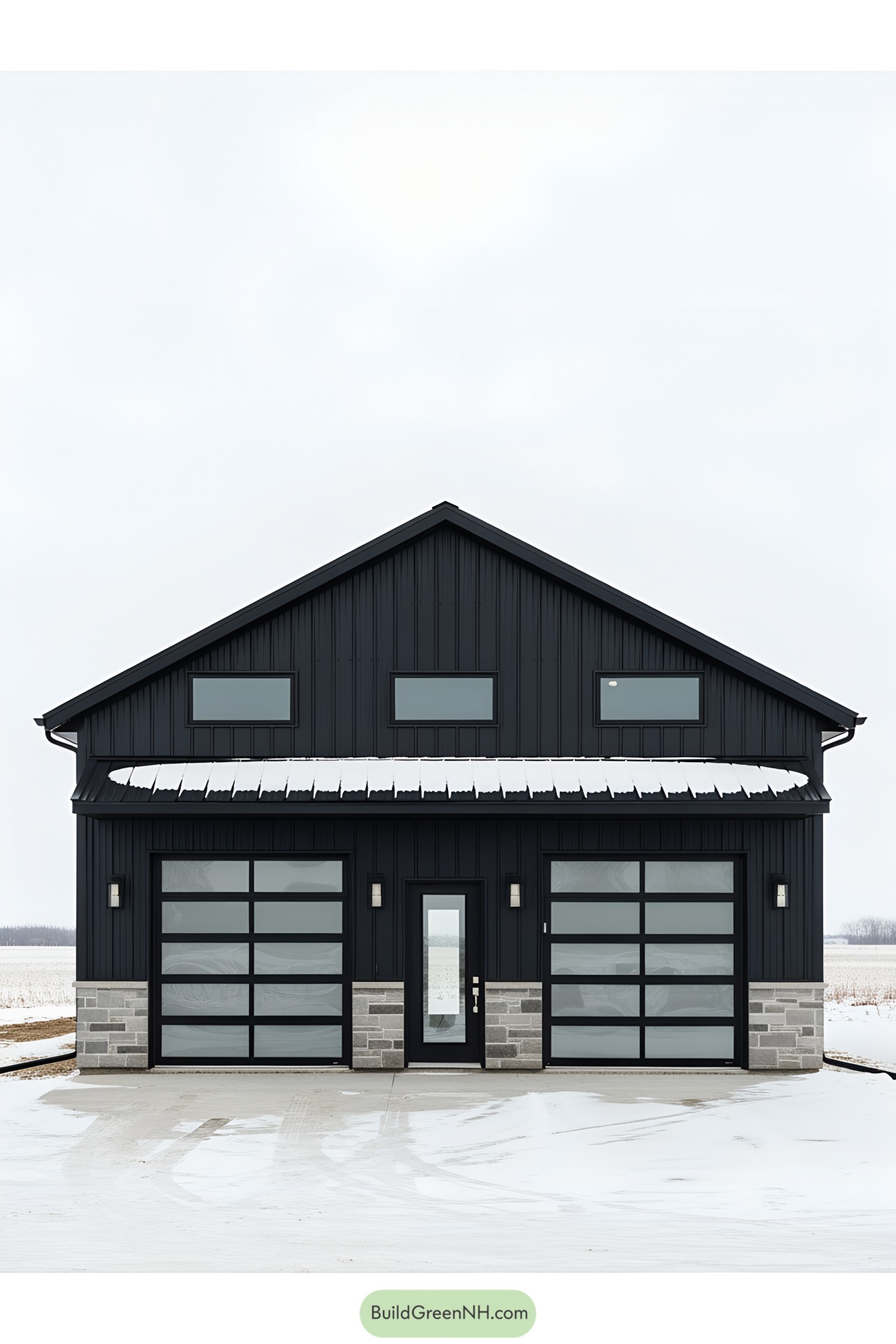 Sleek black barn house with glass doors and stone accents