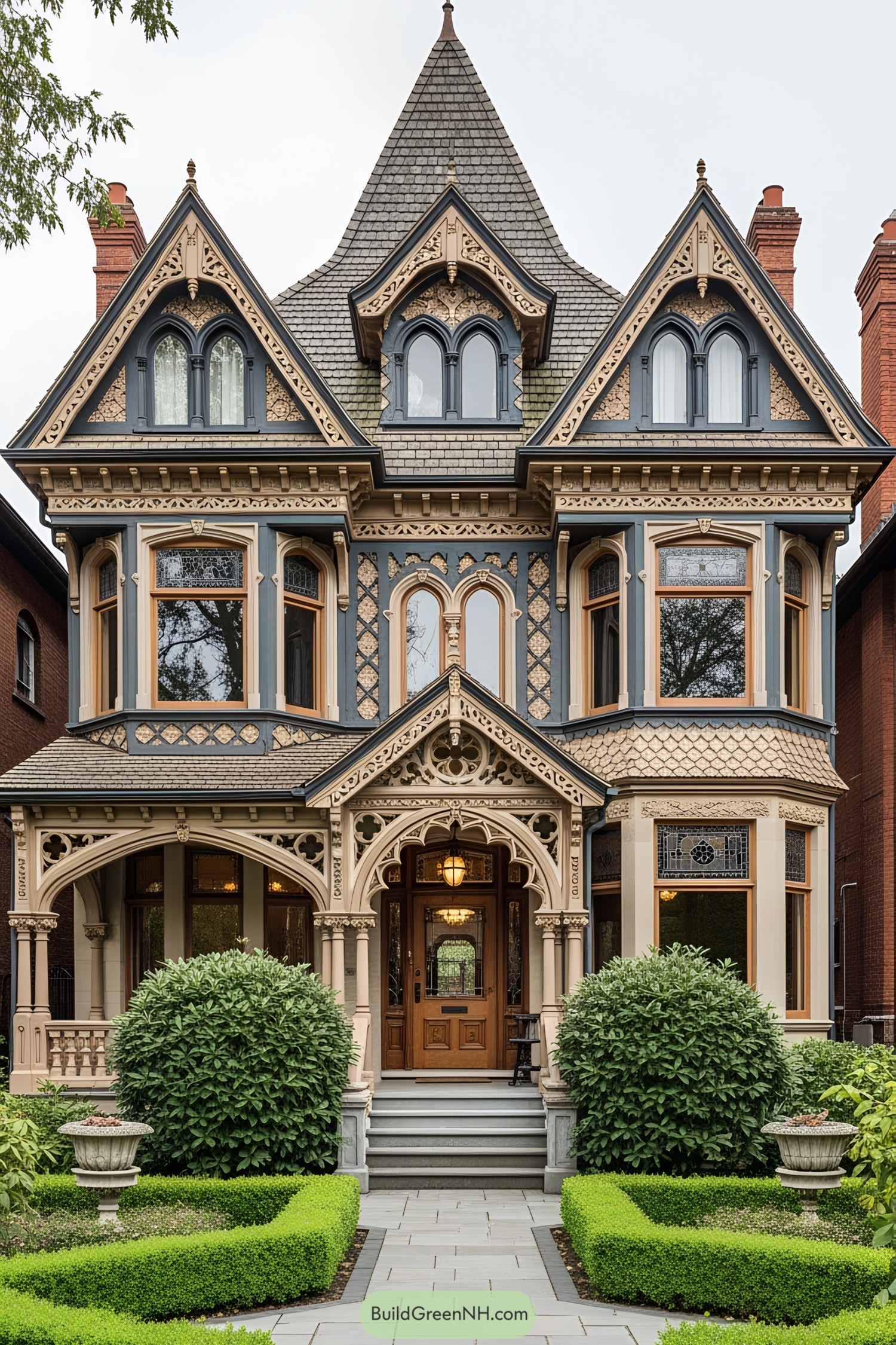 Stately Victorian house with ornate details and lush bushes