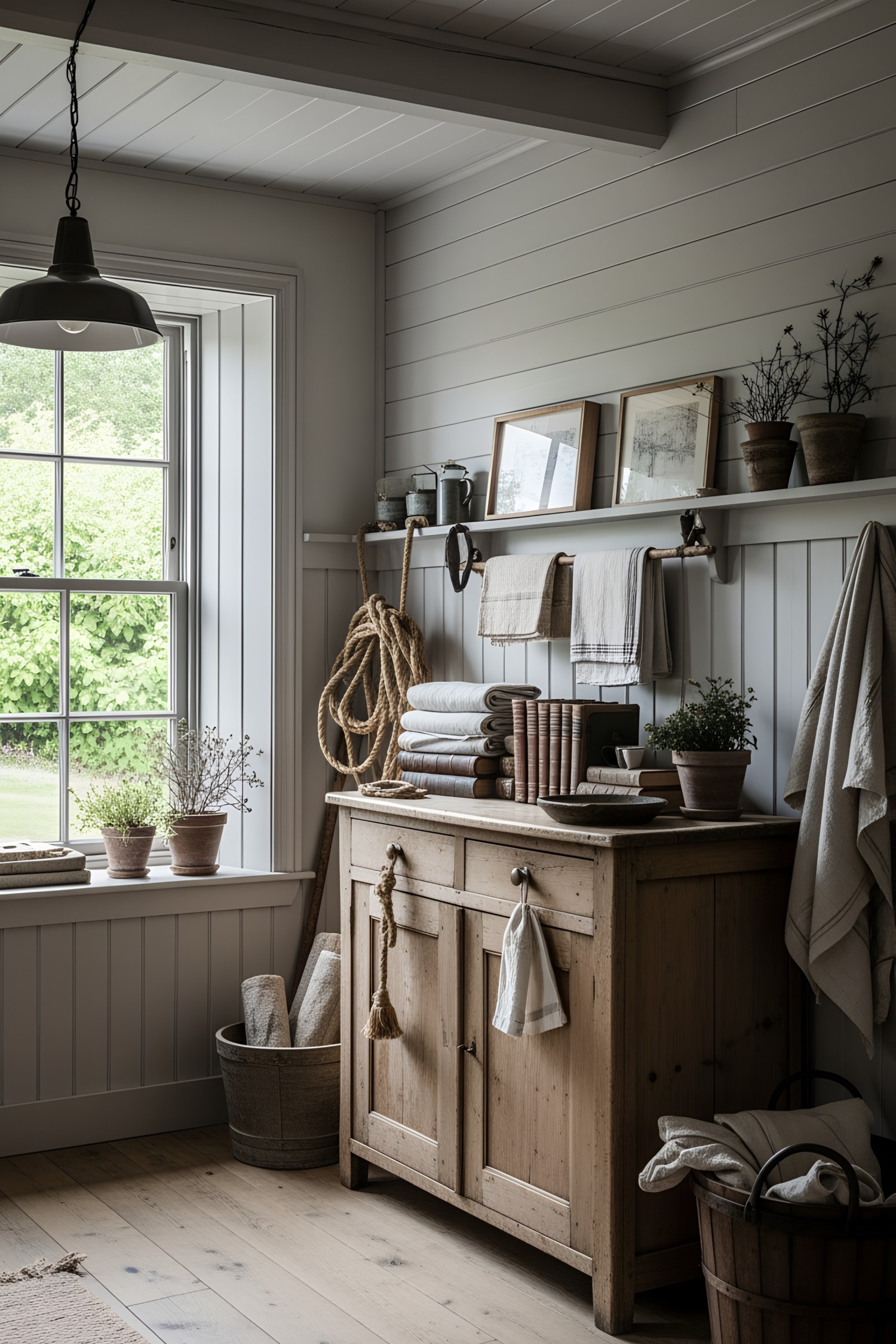 Rustic wooden cupboard with cozy decor
