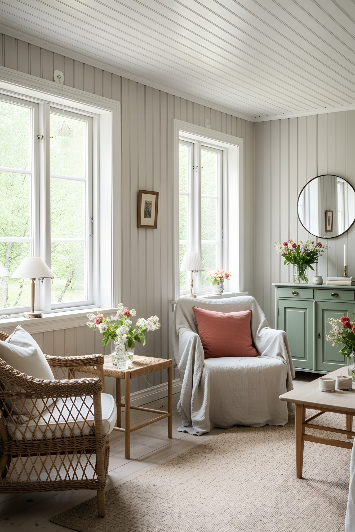 Cozy living room with wicker furniture and floral decor