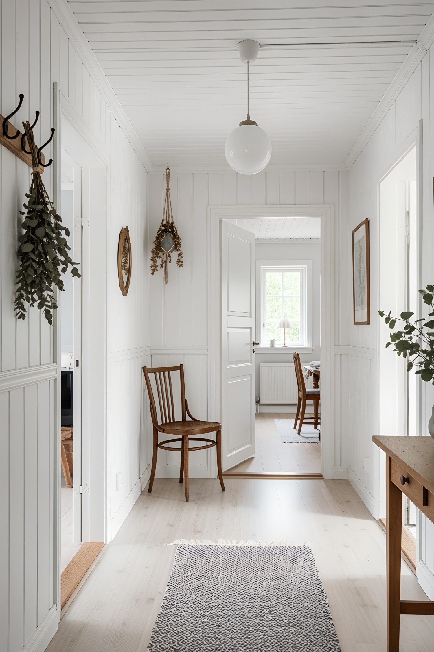 Bright Swedish hallway with wooden chair and greenery