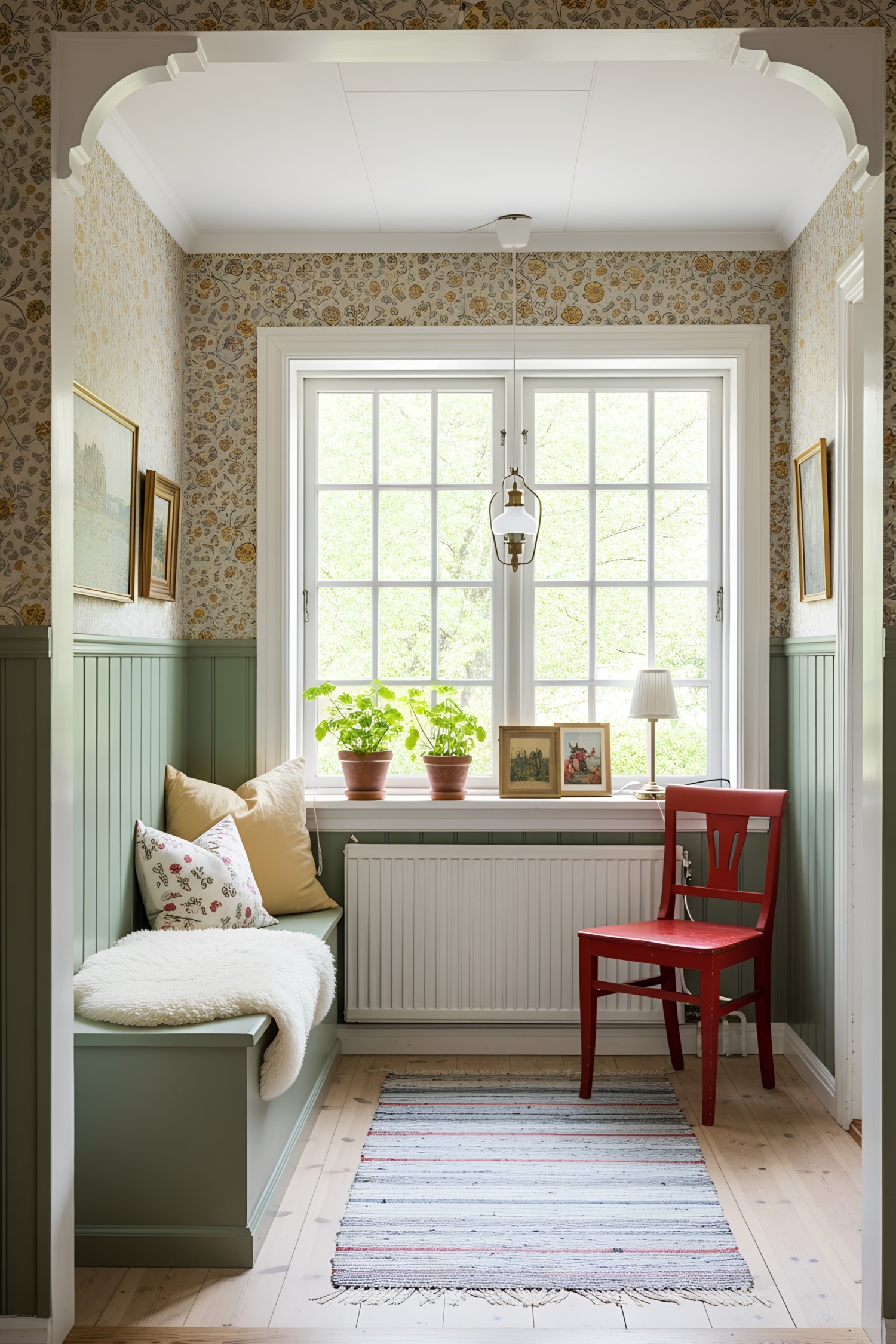 Cozy Swedish nook with floral wallpaper and red chair