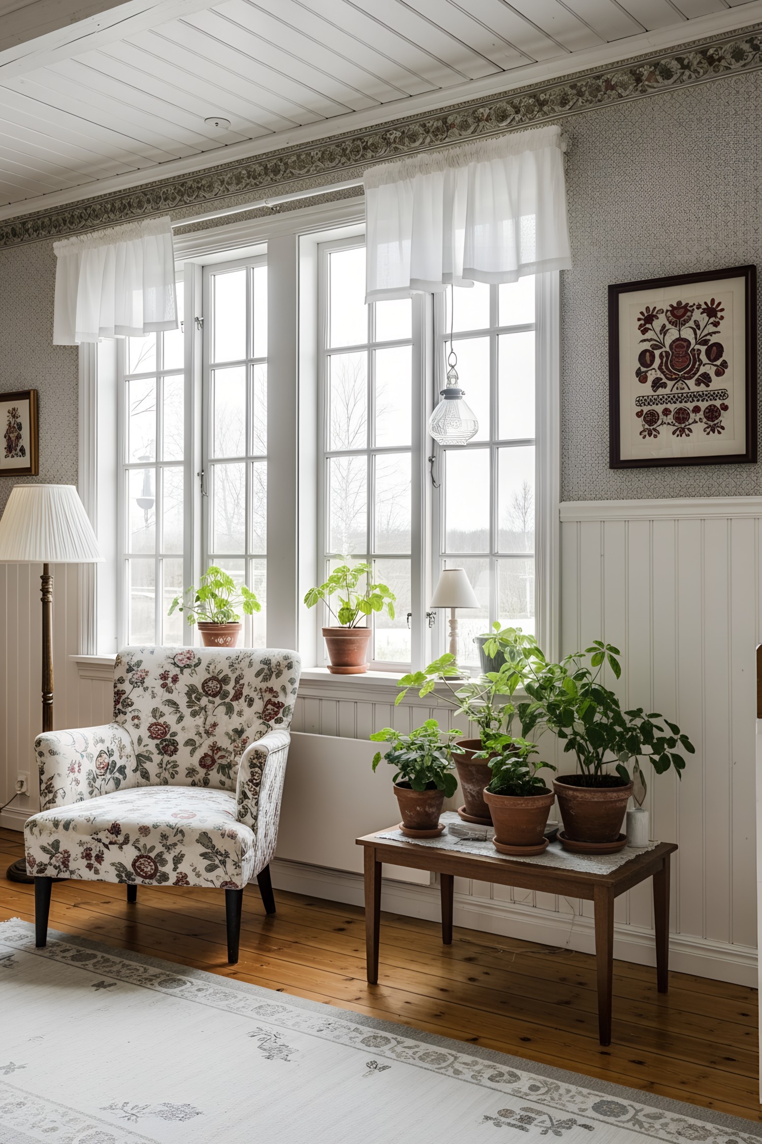 Bright, airy room with floral armchair and potted plants