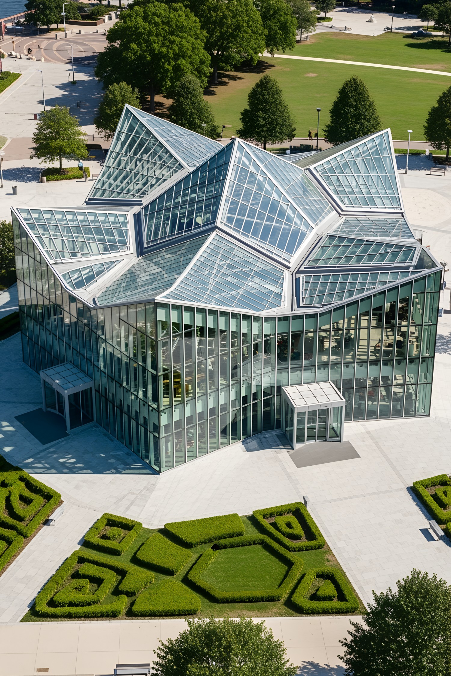 Modern glass pavilion with angular roof