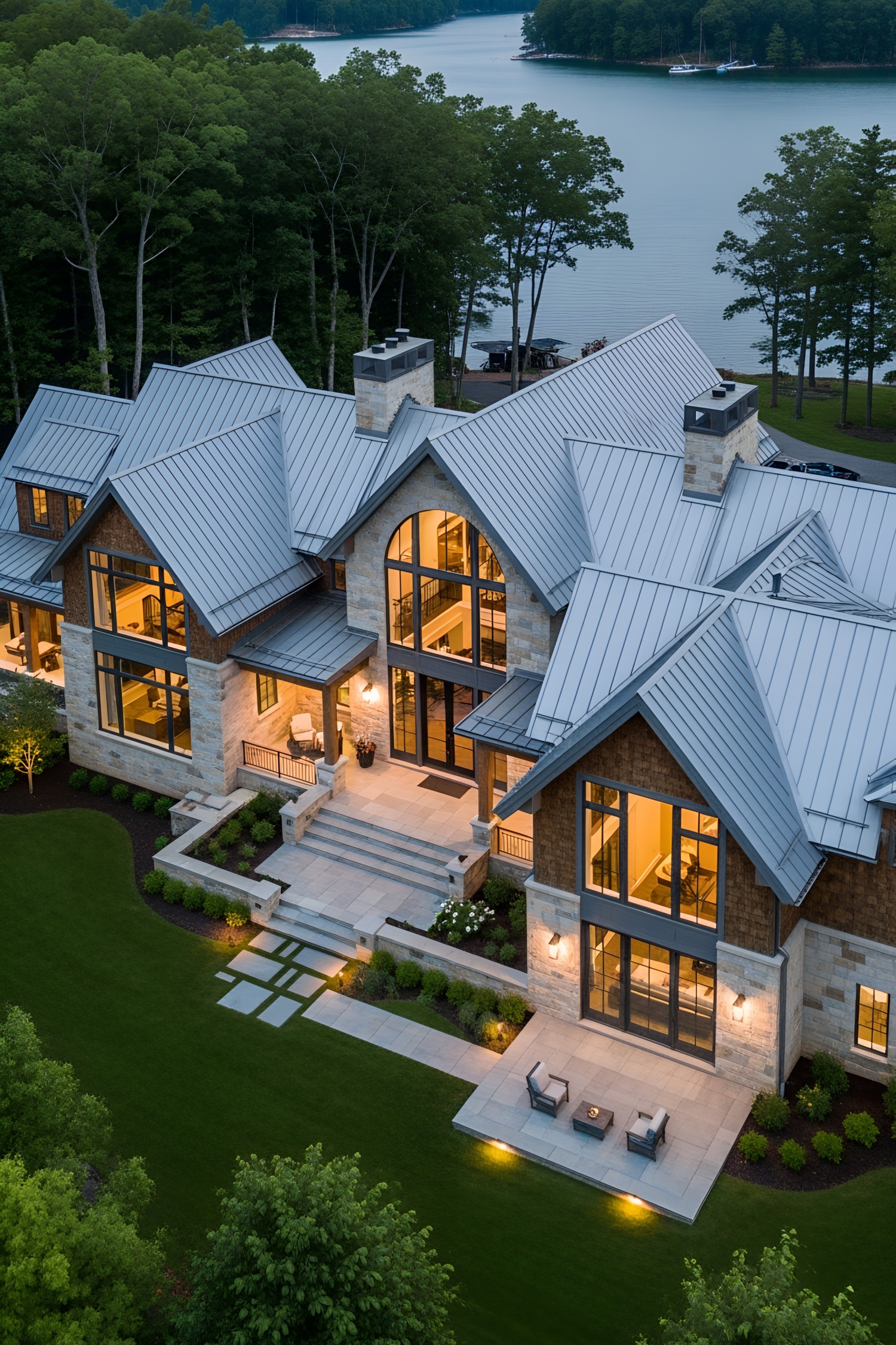 Grand lake house with metal roof and large windows