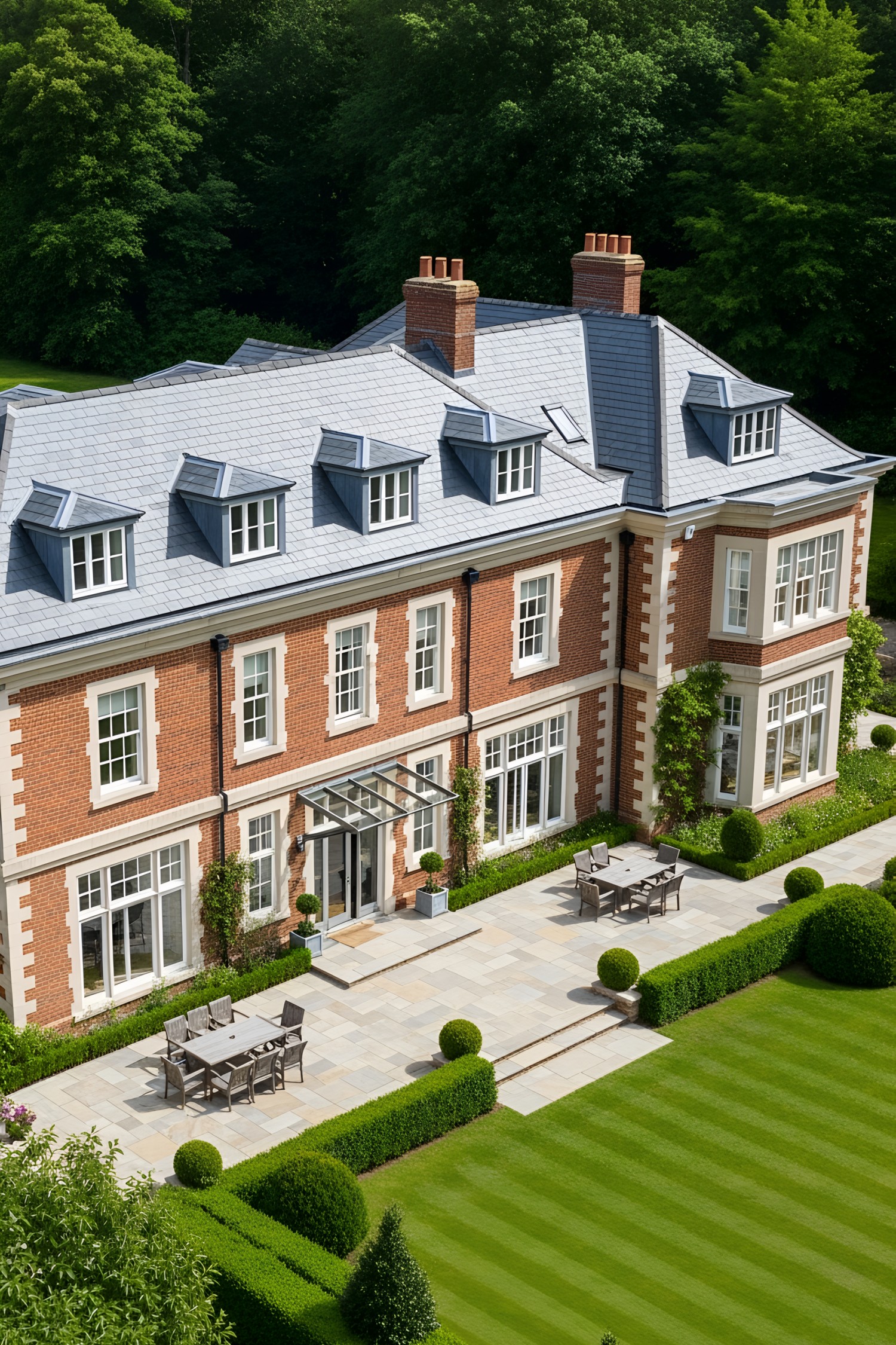 Red-brick country manor with a slate roof and garden patio