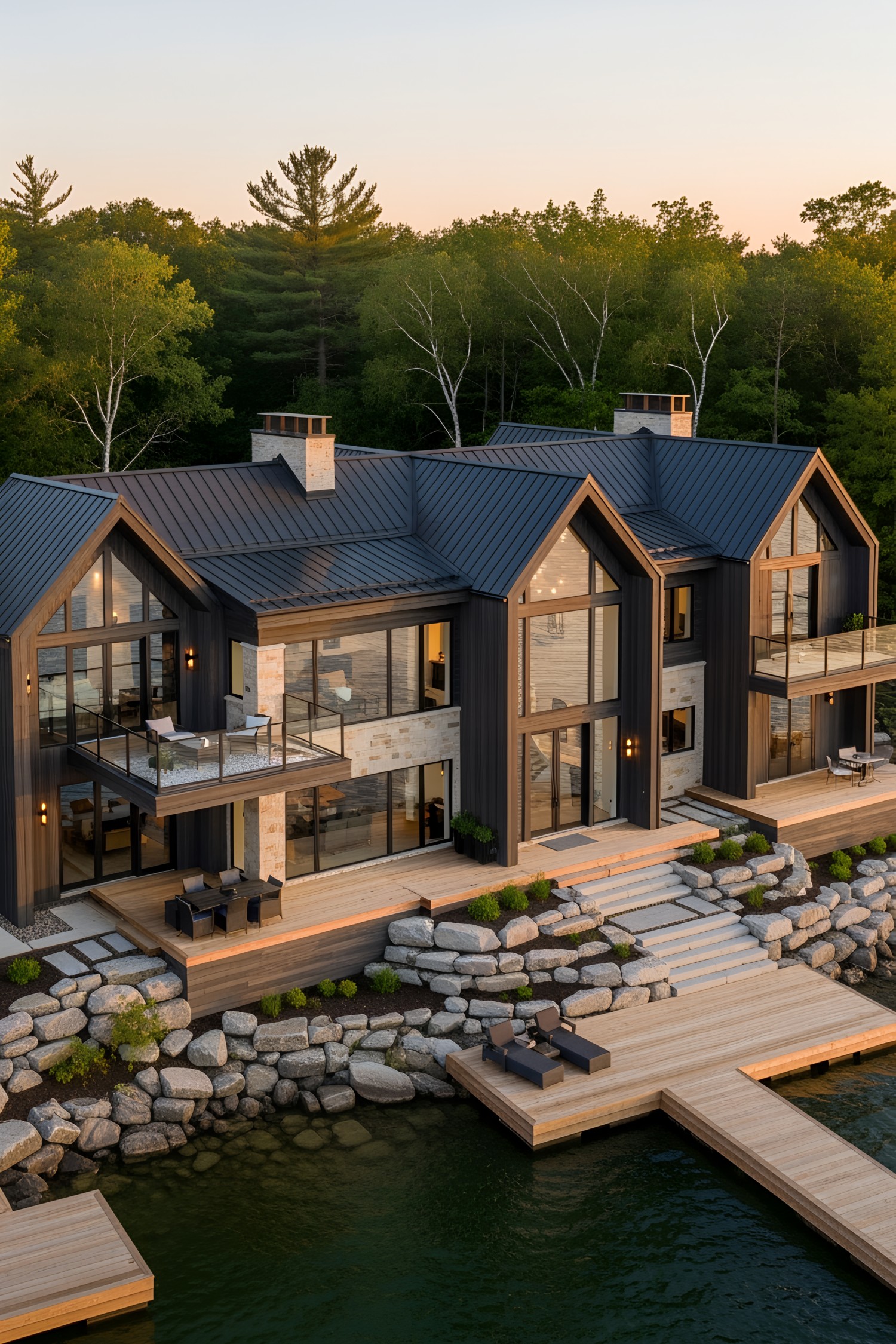 Modern lakeside house with large windows and wooden decks