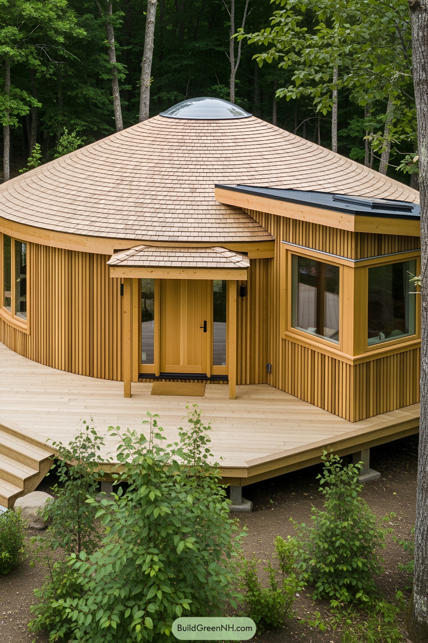 Wooden yurt with a domed roof surrounded by lush forest