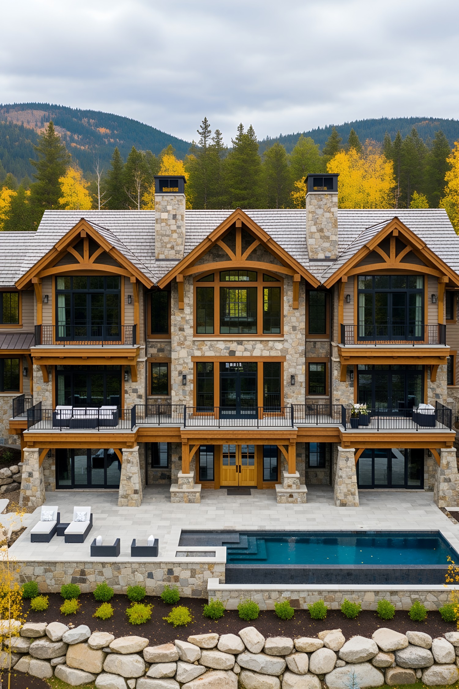 Spacious stone lodge with large windows and a pool