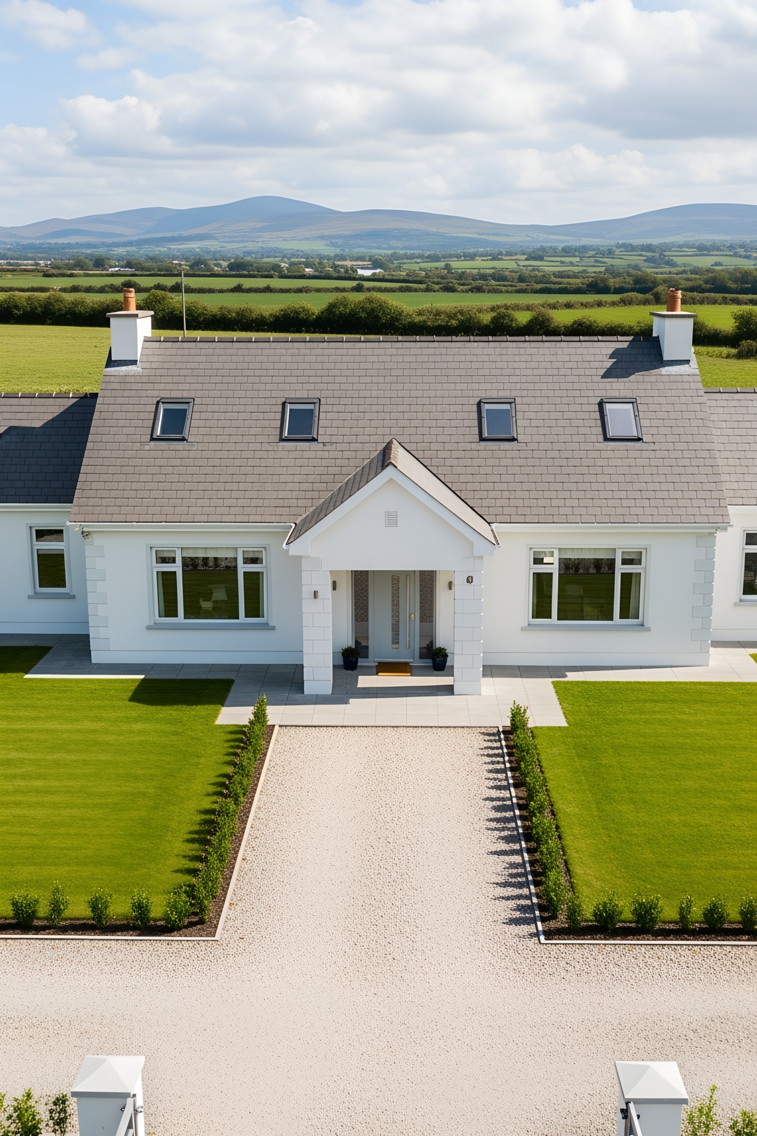 Aerial view of an Irish bungalow design, crisp white rectangular facade with a modest projecting gable at the entrance, compact one-story structure with an extended linear form, smooth rendered masonry walls, medium-grey slate roof with several skylights and a front-facing gable, large fixed-pane modern windows, simple glass-panelled front door with understated trim, gravel driveway bordered by low fencing, neatly trimmed rectangular lawn areas, minimal landscaping, surrounded by open fields and low rolling hills, rural countryside setting.