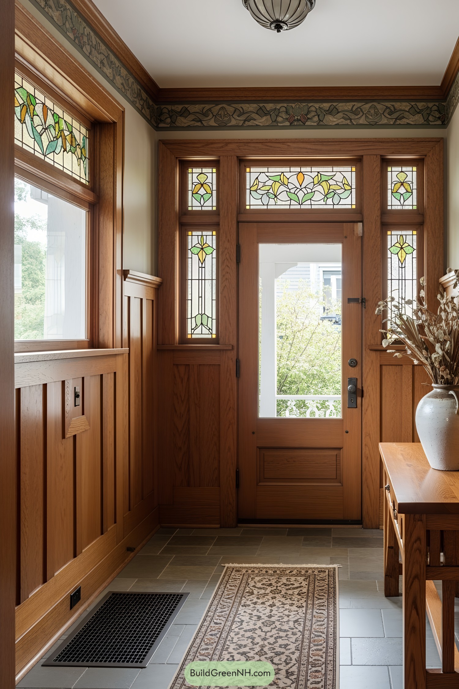 Colorful stained glass surrounds a wooden entry door