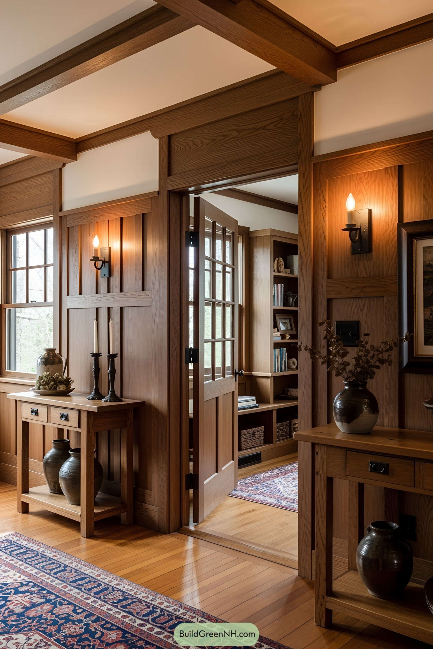 Warm wooden interiors with patterned rugs and charming accents