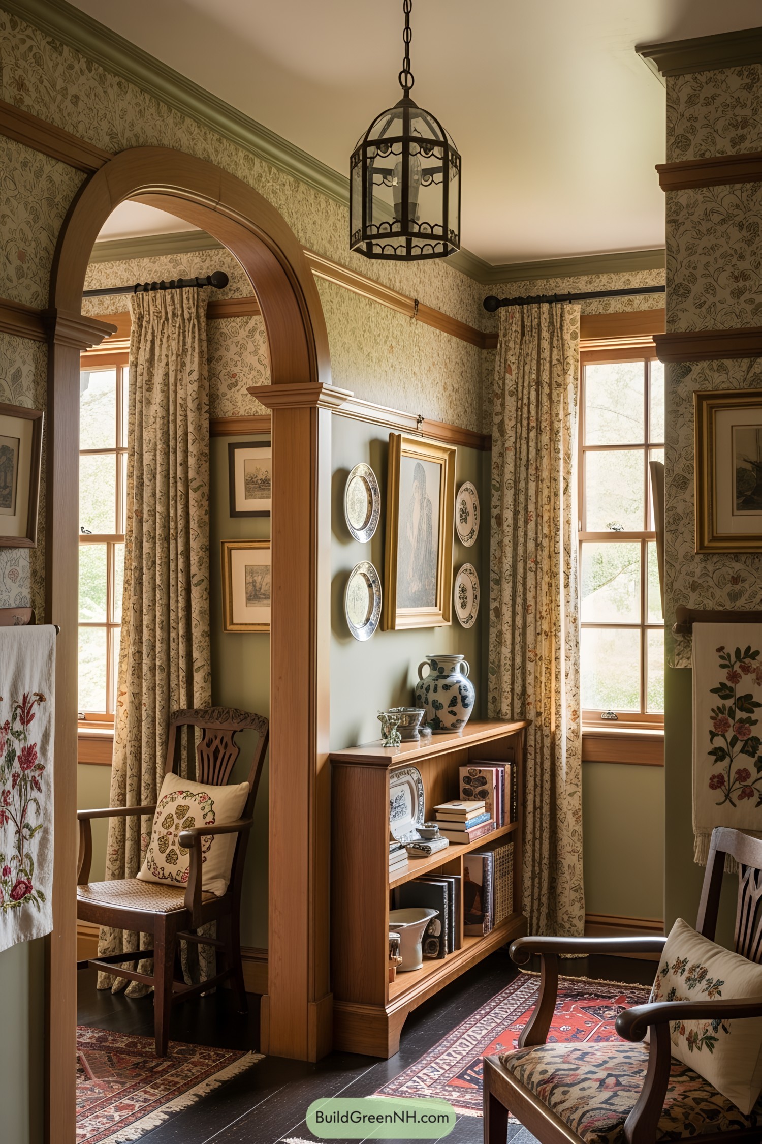 Cozy nook with wooden shelves, patterned fabric, and ornate decor