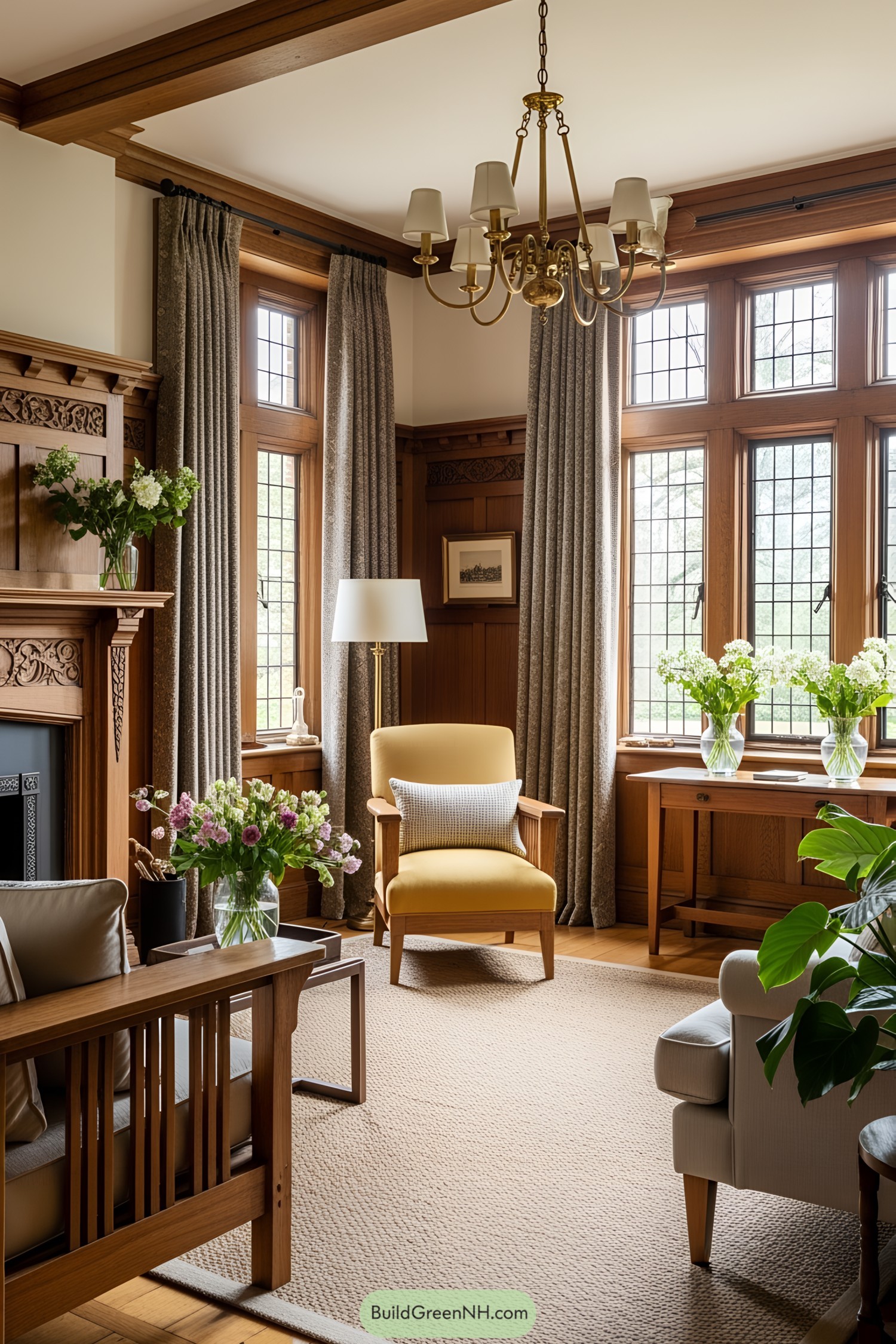Living room with wooden details, yellow chair, and large windows