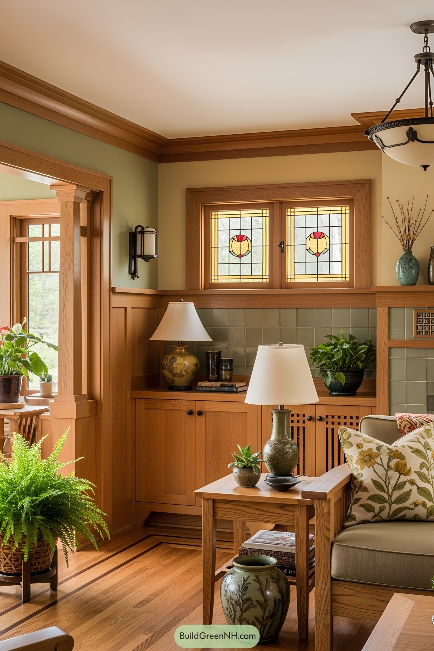 Cozy room with wooden accents and potted plants