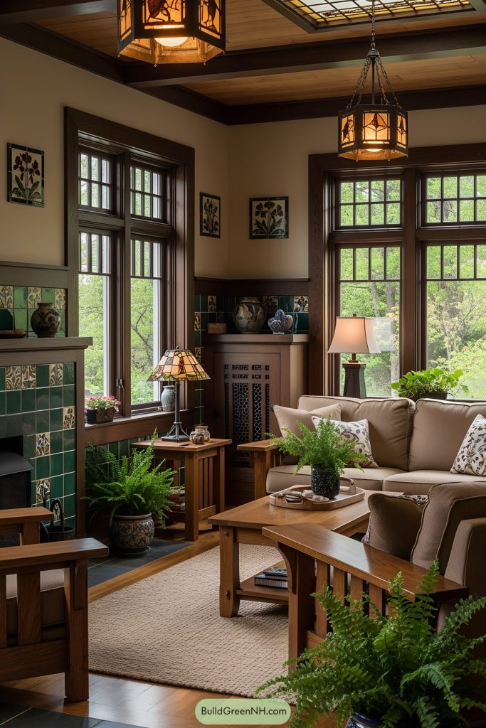 Arts and Crafts interior with a cozy living room ambiance, characterized by a harmonious blend of earthy tones and nature-inspired motifs. The color palette is rich with deep greens, warm browns, indigo blues, and subtle reds, reflecting handcrafted tile patterns reminiscent of stylized florals and wildlife. Architectural details include dark, sturdy wood trim and built-in cabinetry, while walls are adorned with decorative ceramic tile panels and muted paint. Generous, mullioned windows allow dappled natural light, often framing garden or woodland views. Floors are polished hardwood or slate, paired with woven accent rugs. Ceilings feature exposed beams or wood paneling. Materials emphasize solid oak, hammered copper, and stained glass. Furnishings are robust, with craftsman-style sofas and armchairs upholstered in natural fabrics. Accessories include hand-thrown pottery, wrought-iron lamp fixtures, and tiles as decorative accents. Lush potted ferns and flowering plants reinforce the organic aesthetic, completing the tranquil, artisanal setting.