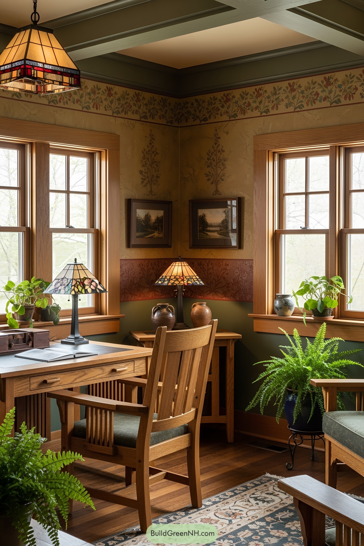 A charming wooden desk with stained glass lamps and lush plants
