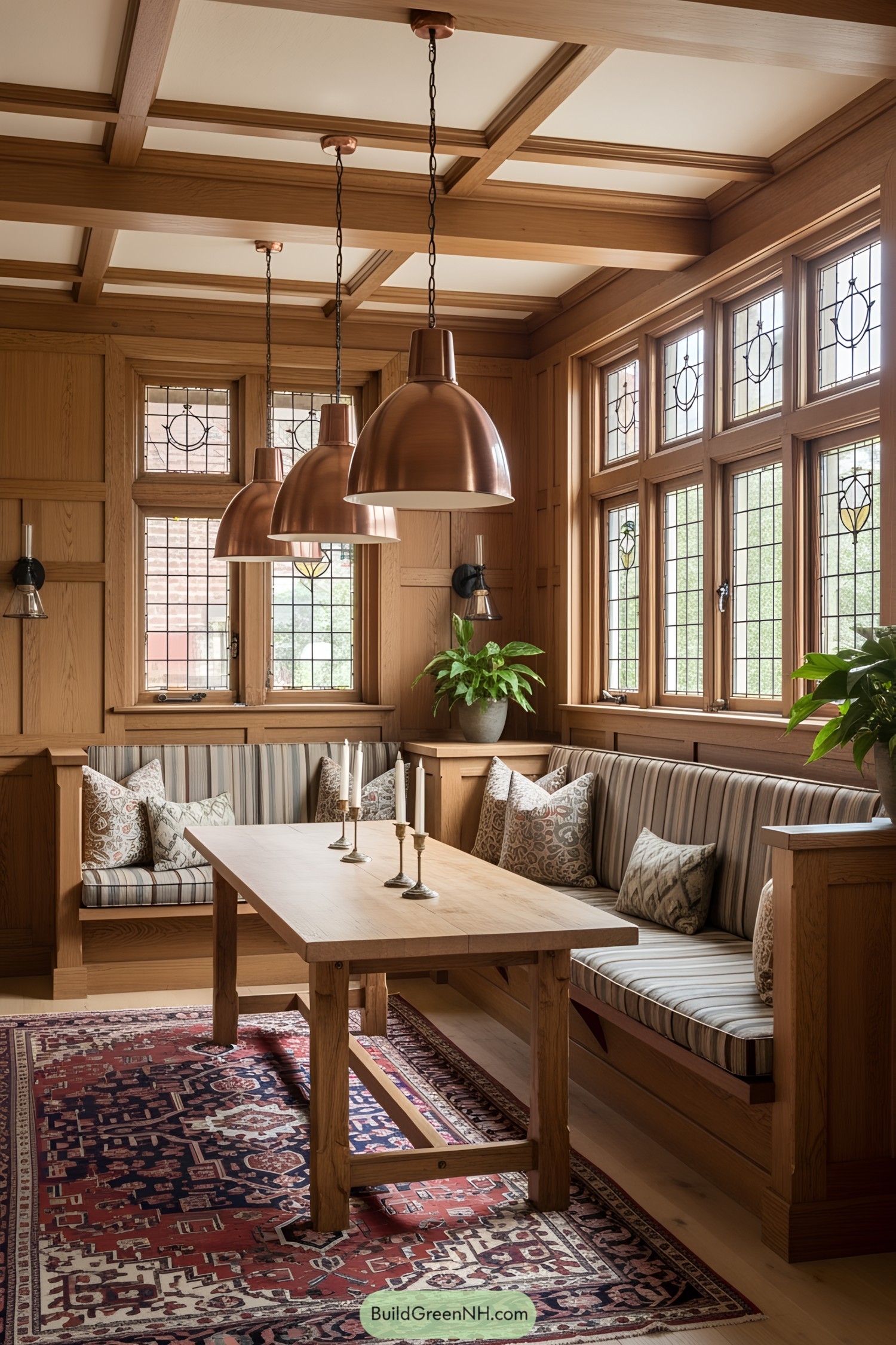Warm and cozy craftsman-style dining nook with pendant lights