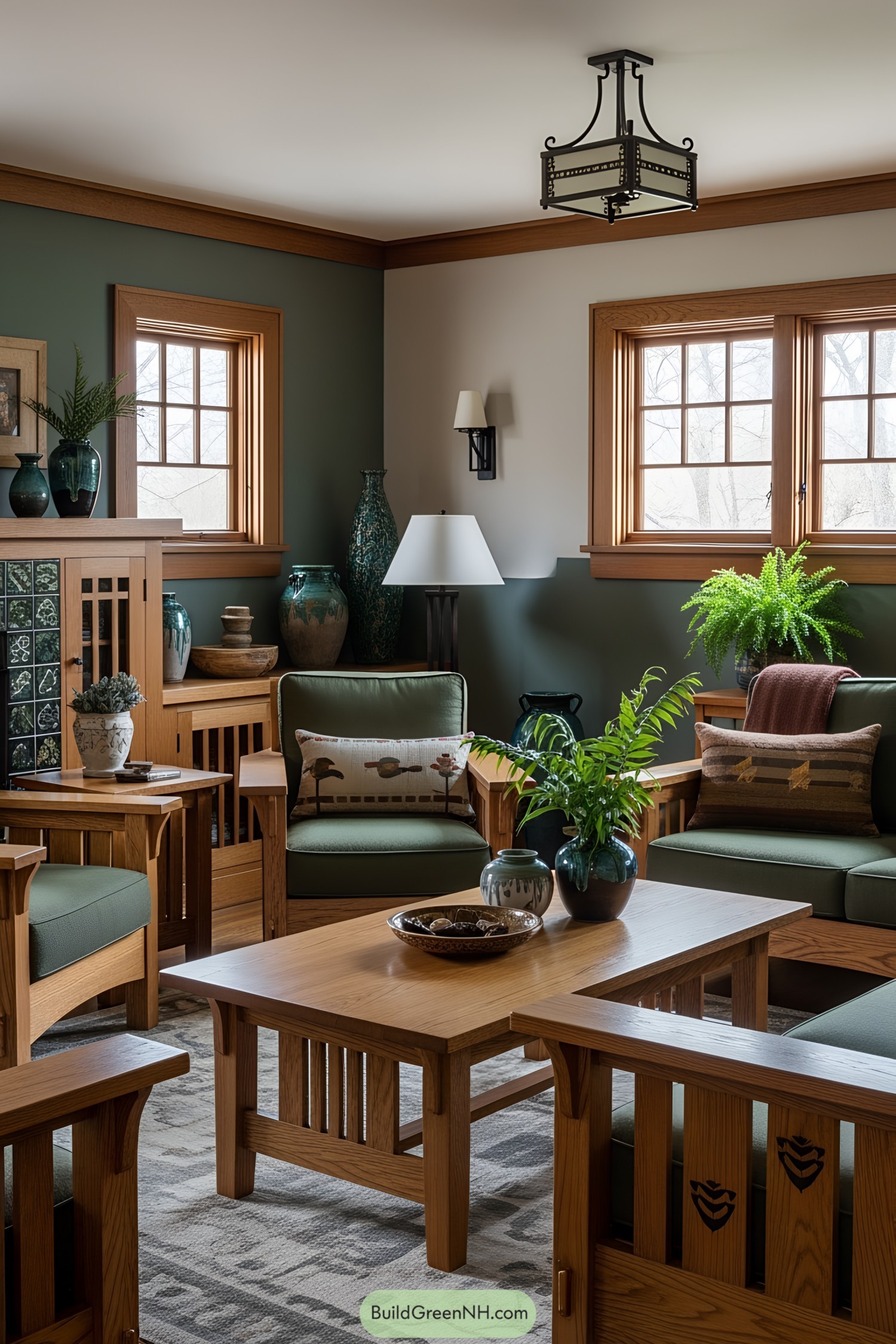 Room with wooden furniture, green cushions, and pottery accents