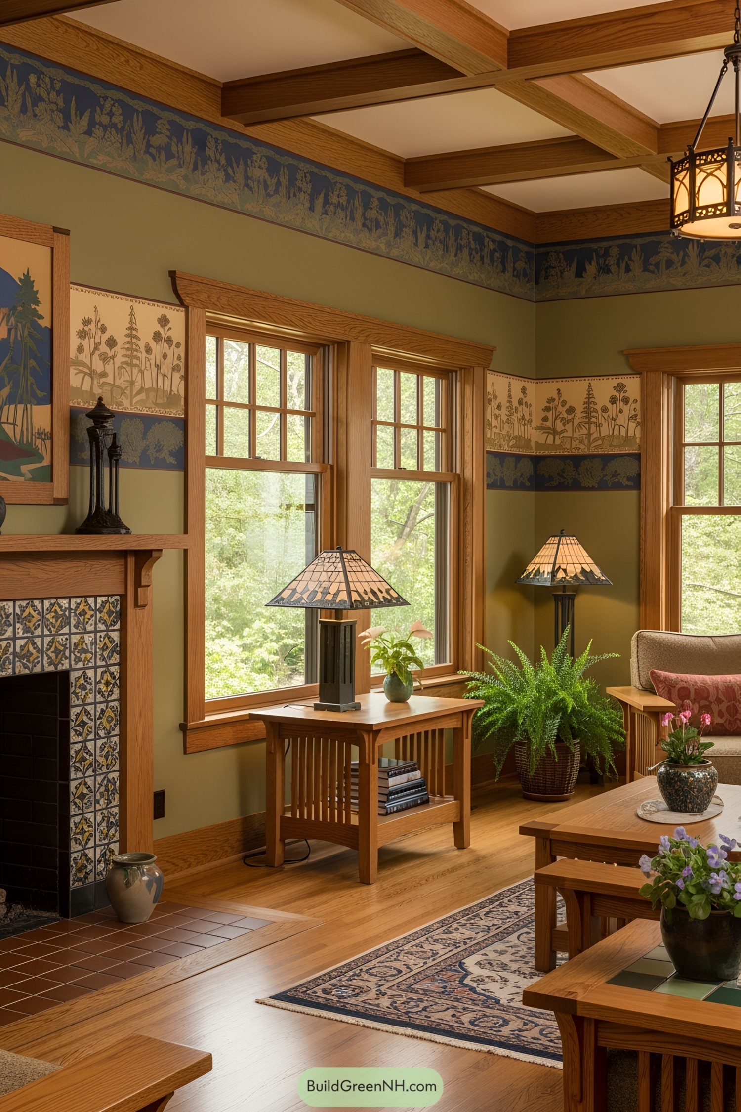 A cozy craftsman-style living room with nature-themed decor