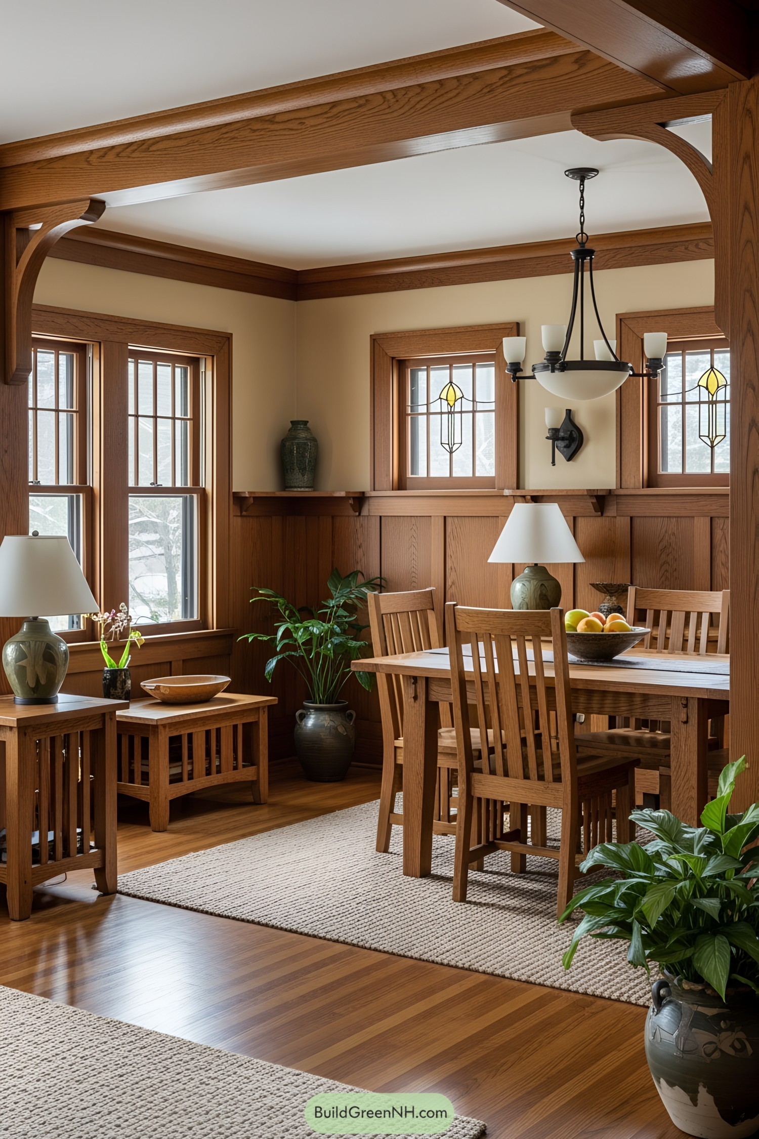 Sunlit dining room with wooden furniture and potted plants