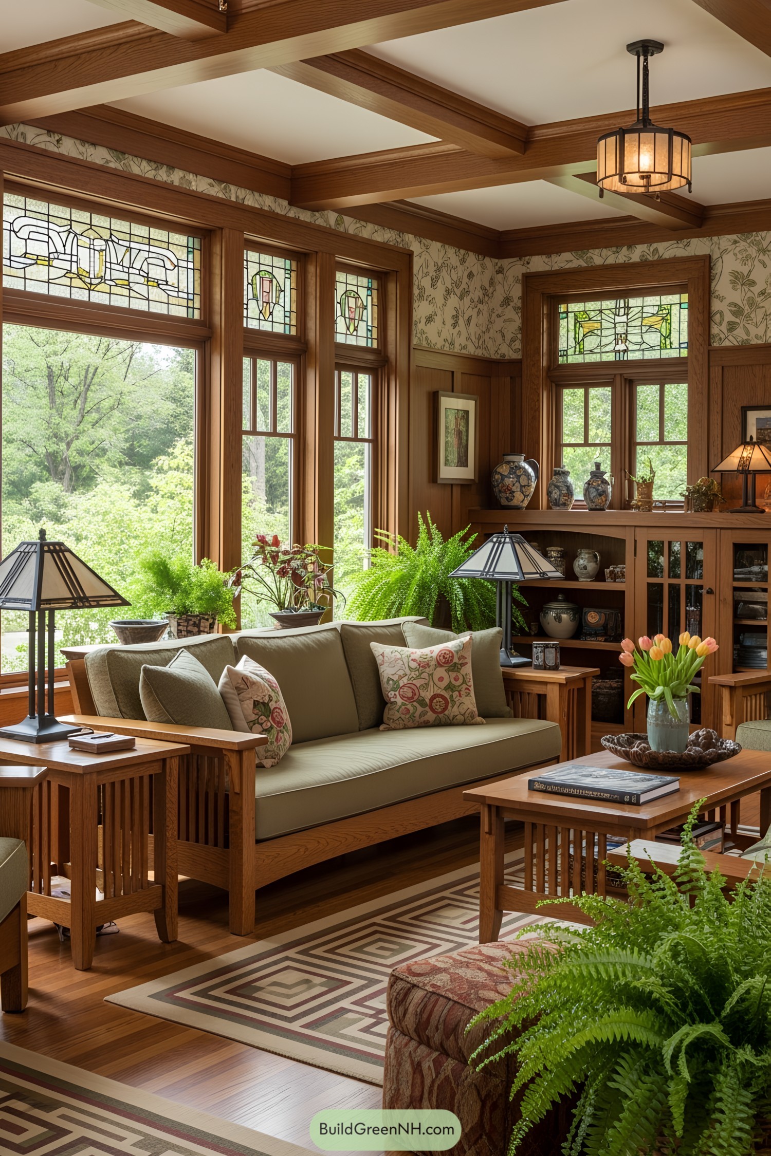 Sunlit living room with wooden furniture and plants