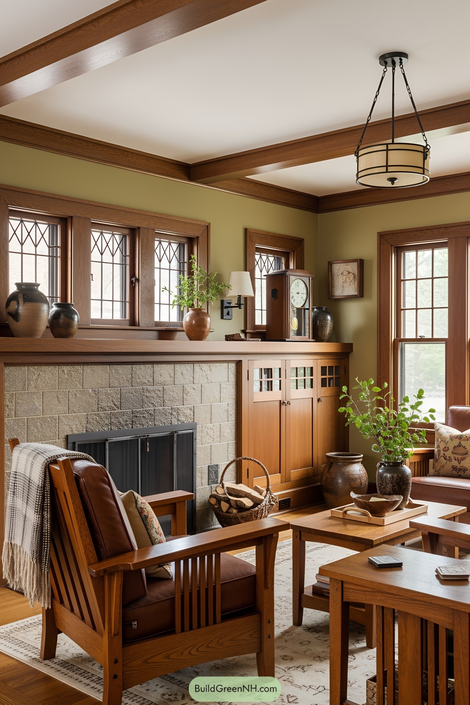 Cozy living room with wooden furniture and decorative pottery
